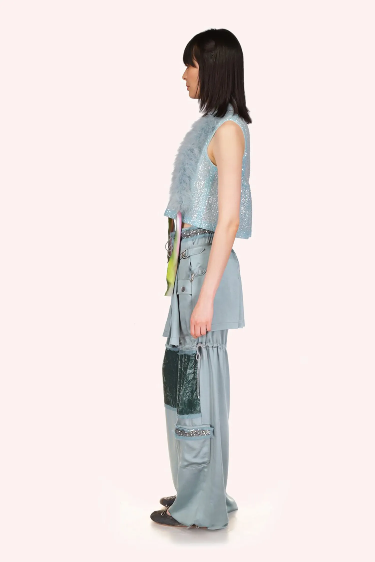 Sequin Chiffon Trimmed Washed Satin Pants Annasui