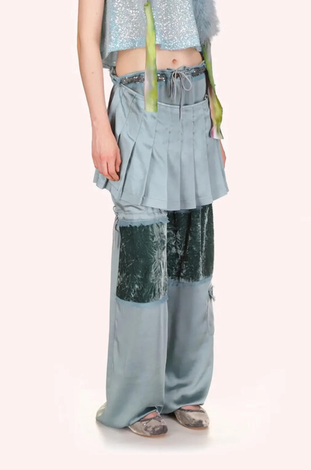 Sequin Chiffon Trimmed Washed Satin Pants Annasui