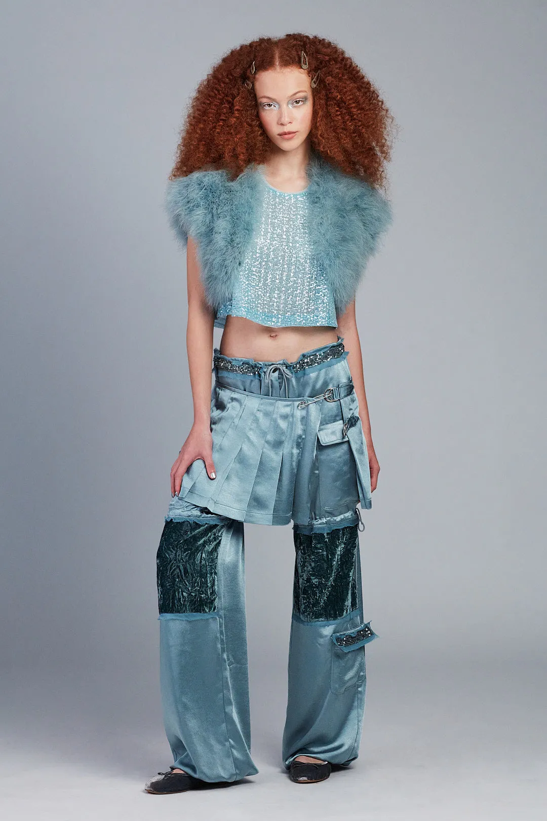 Sequin Chiffon Trimmed Washed Satin Pants Annasui