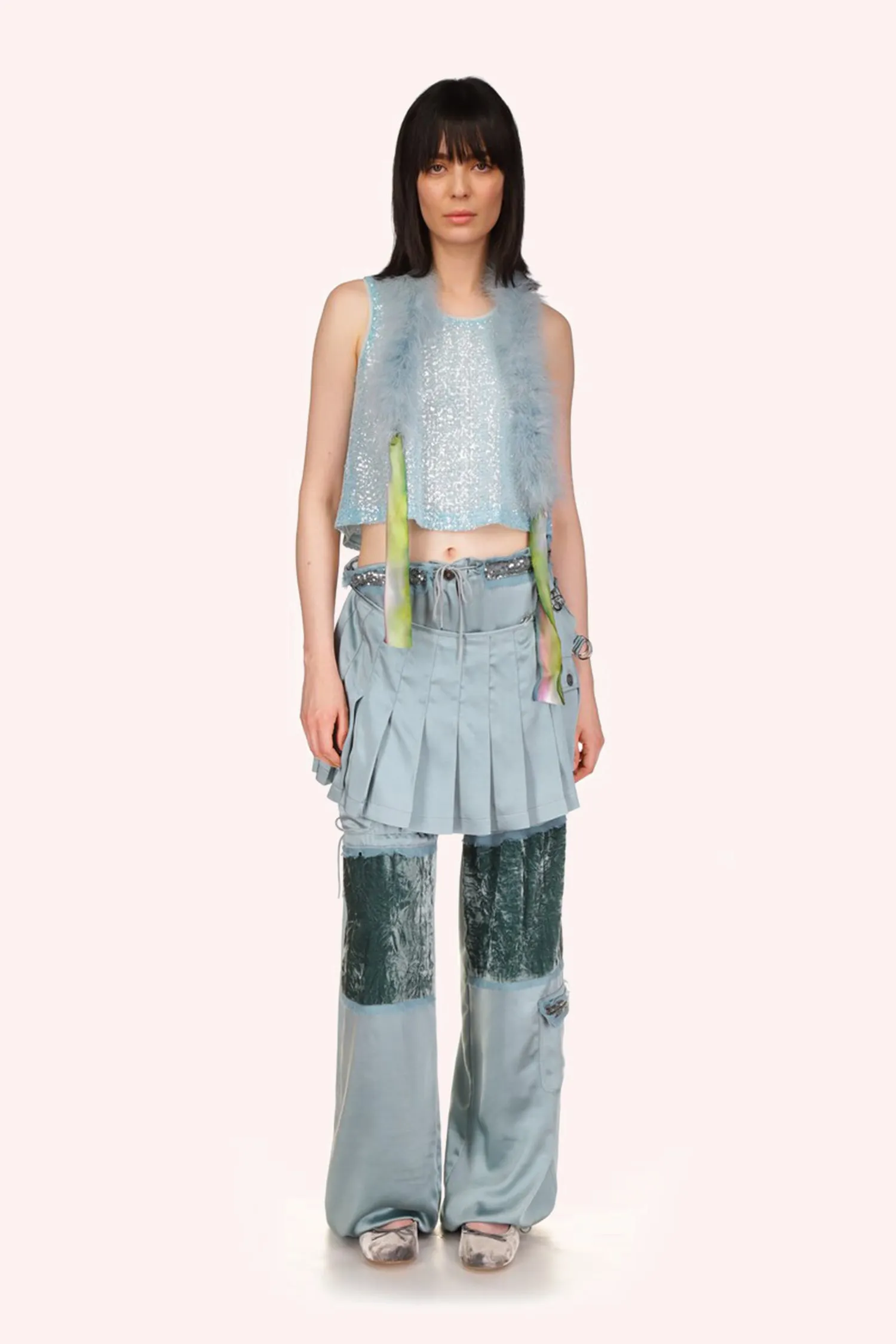 Sequin Chiffon Trimmed Washed Satin Pants Annasui