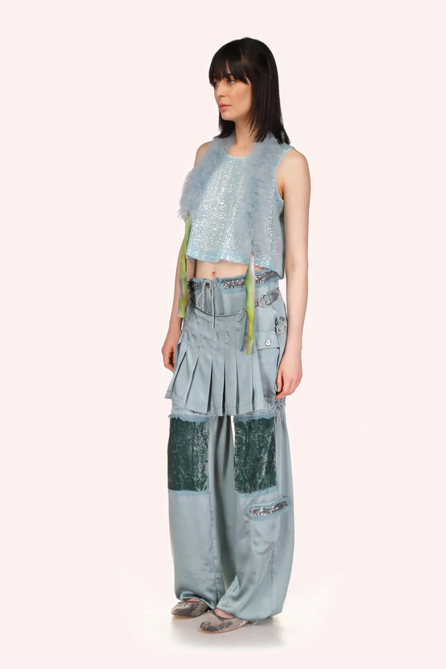 Sequin Chiffon Trimmed Washed Satin Pants Annasui