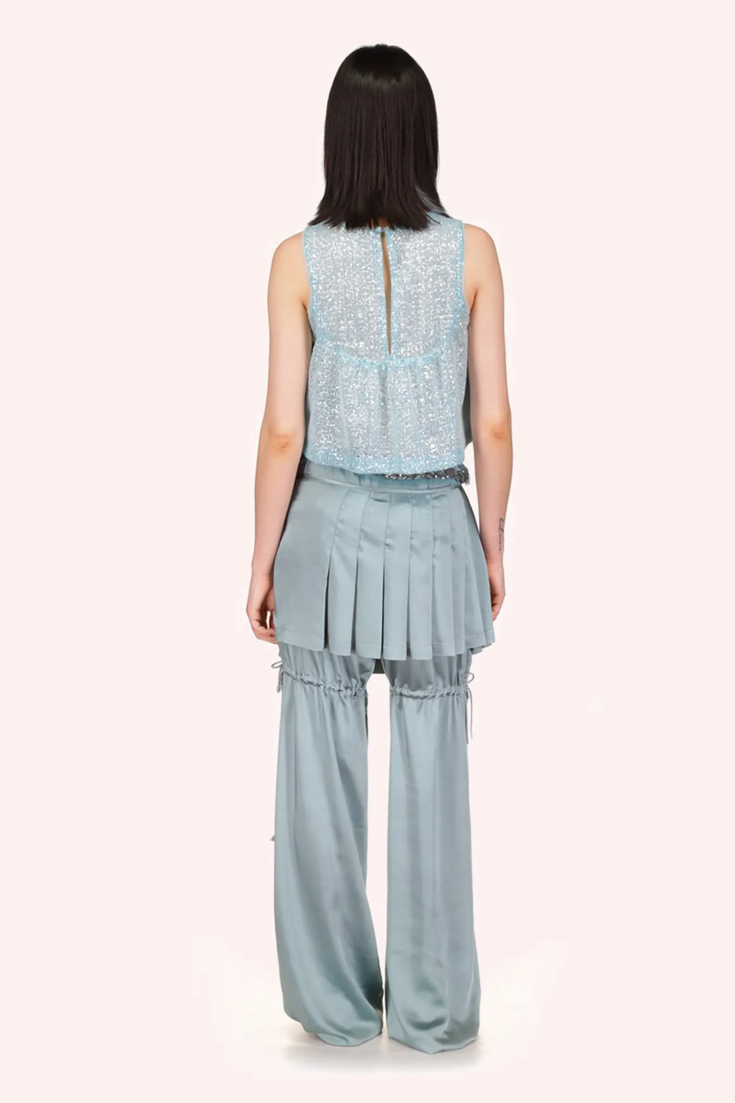 Sequin Chiffon Trimmed Washed Satin Pants Annasui