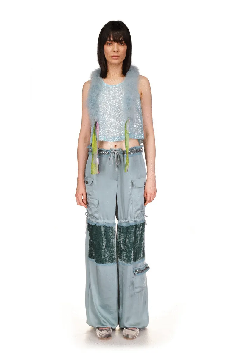 Sequin Chiffon Trimmed Washed Satin Pants Annasui