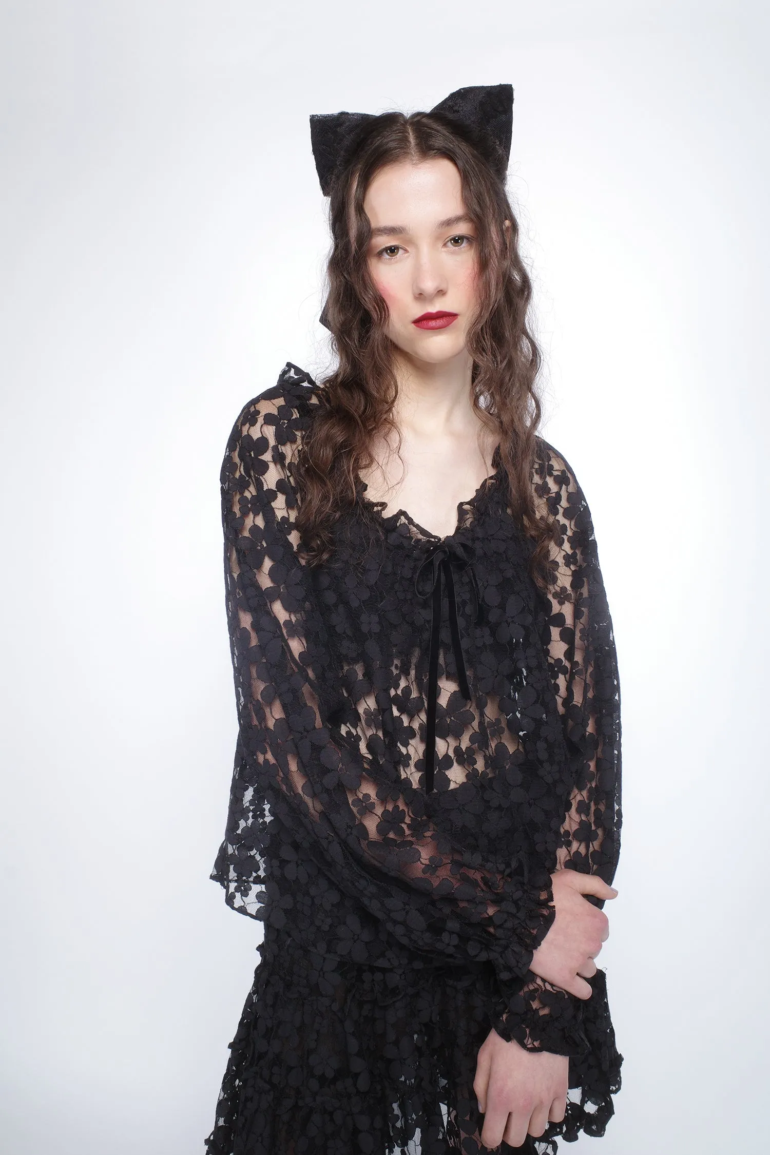 Shadow Blossom Tulle Elastic Lace Blouse Annasui