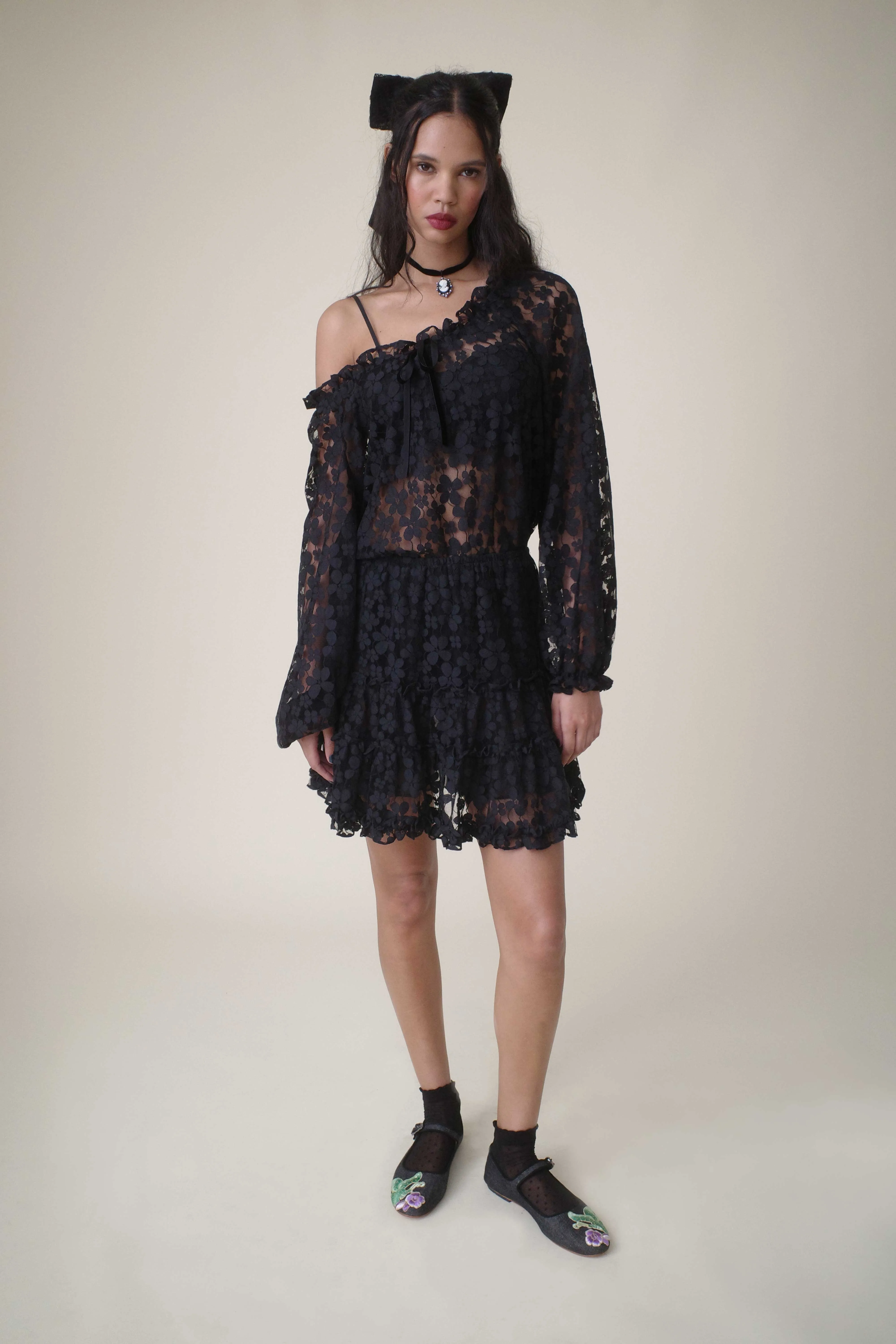 Shadow Blossom Tulle Elastic Lace Blouse Annasui