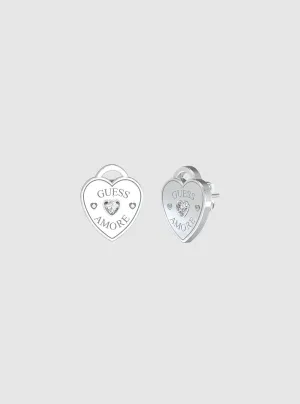 Silver Logo Heart Stud Earrings Guess