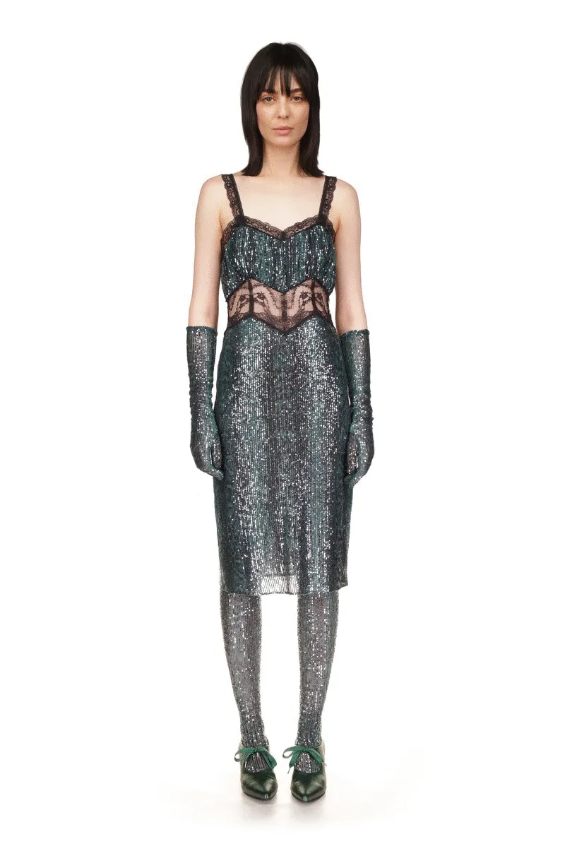 Snakeskin Sequin & Lace Midi Dress Annasui