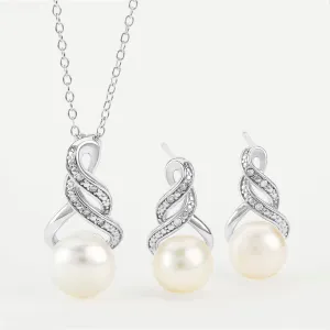 Sterling Silver Cultured Freshwater Pearl and Diamond Accent Pendant Necklace and Drop Earring Jewelry Set