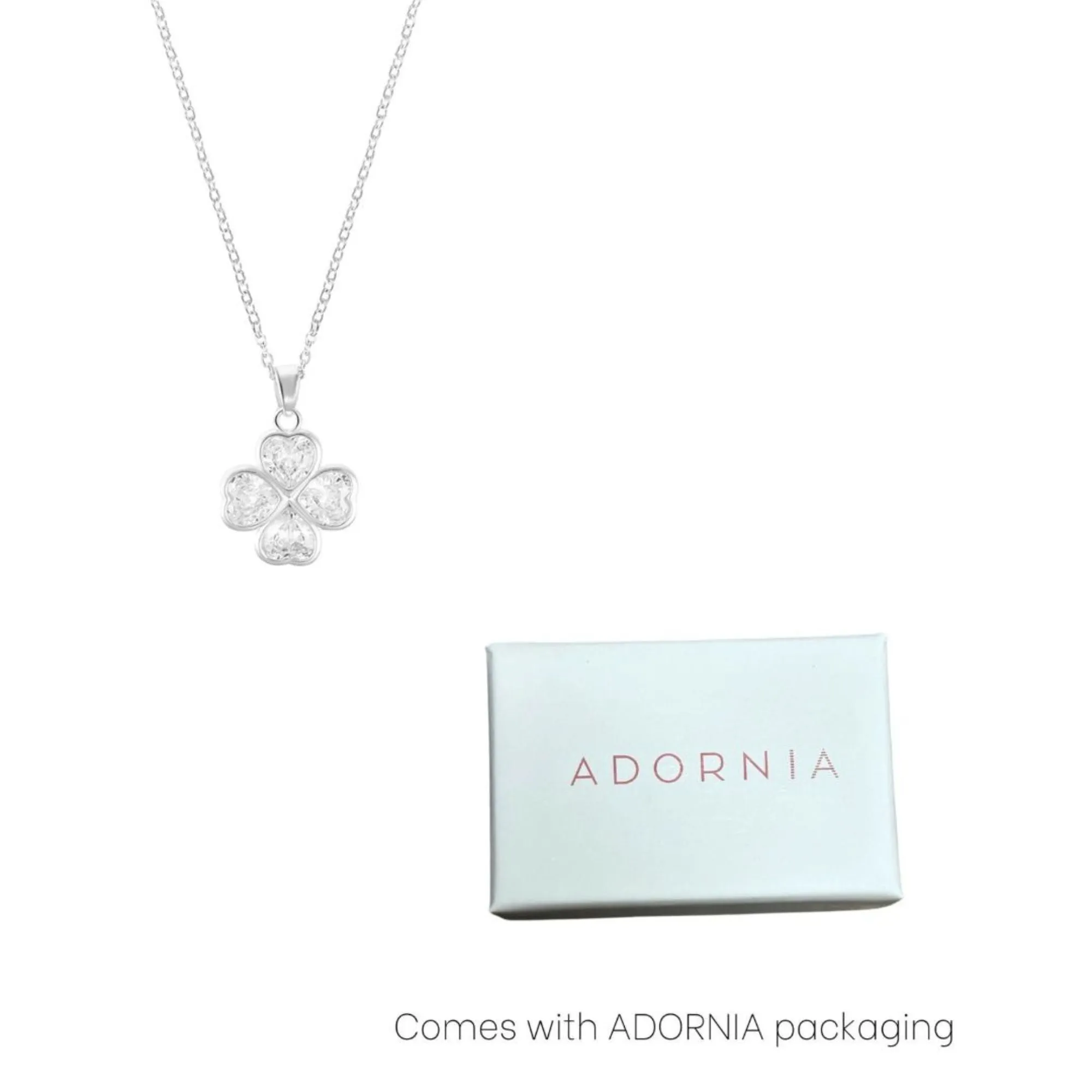 Sterling Silver Plated Adjustable Clear Crystal Heart Clover Necklace