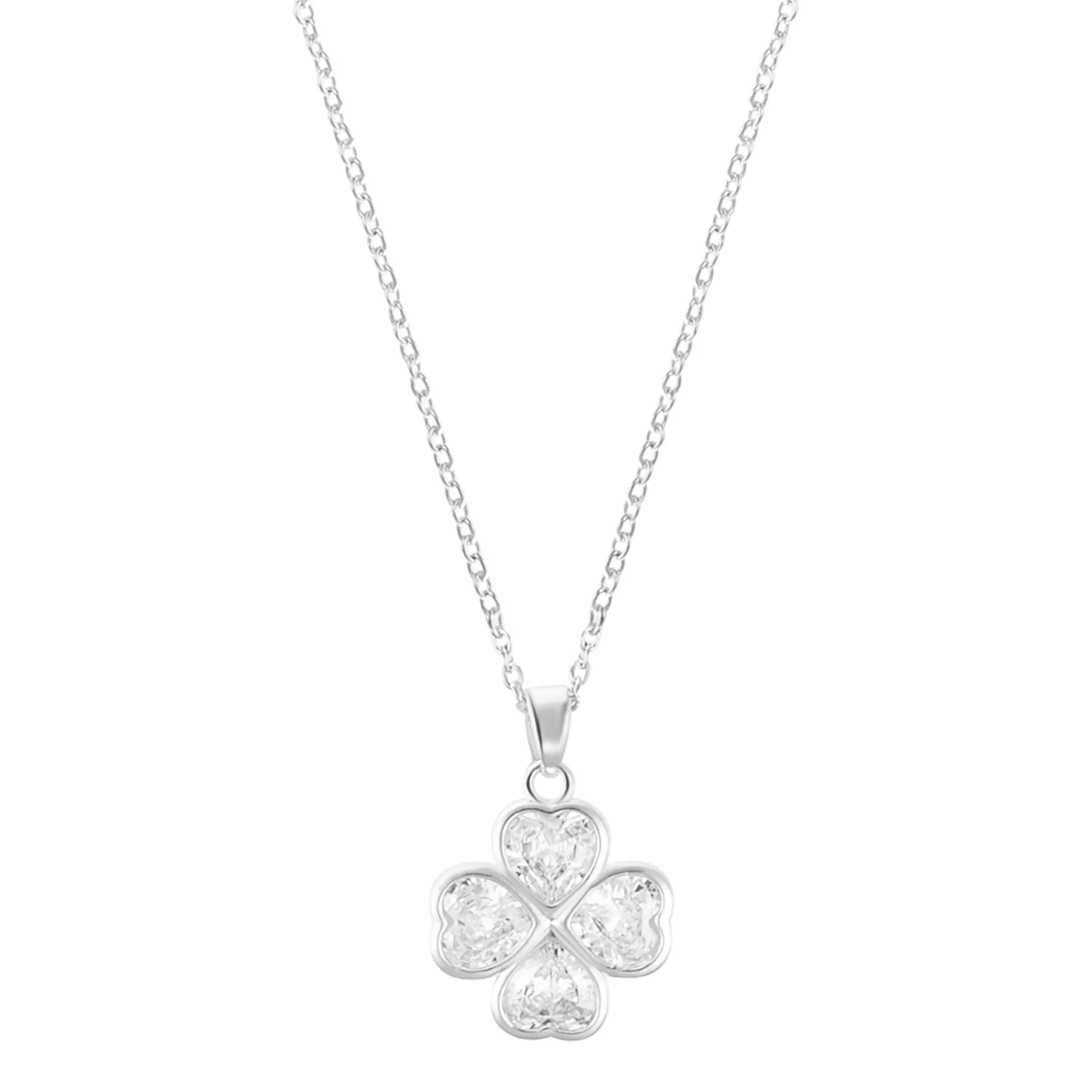 Sterling Silver Plated Adjustable Clear Crystal Heart Clover Necklace