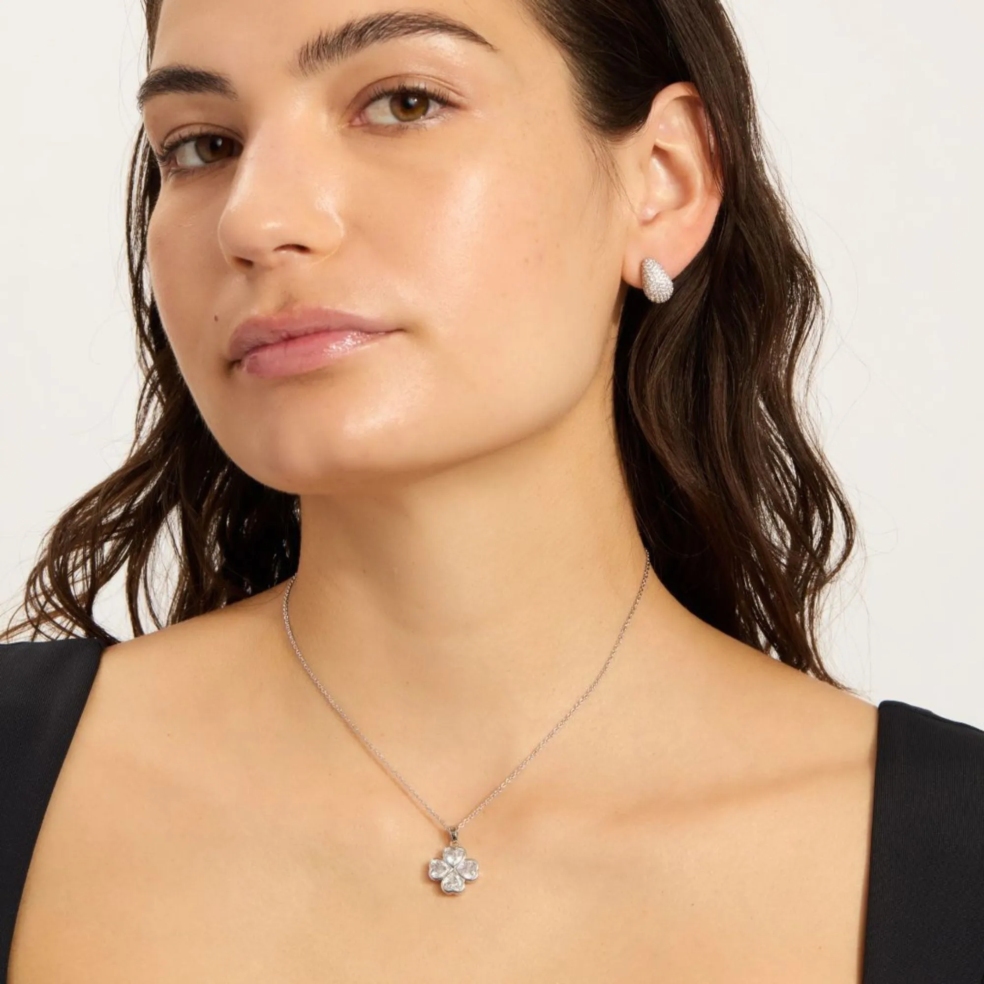 Sterling Silver Plated Adjustable Clear Crystal Heart Clover Necklace