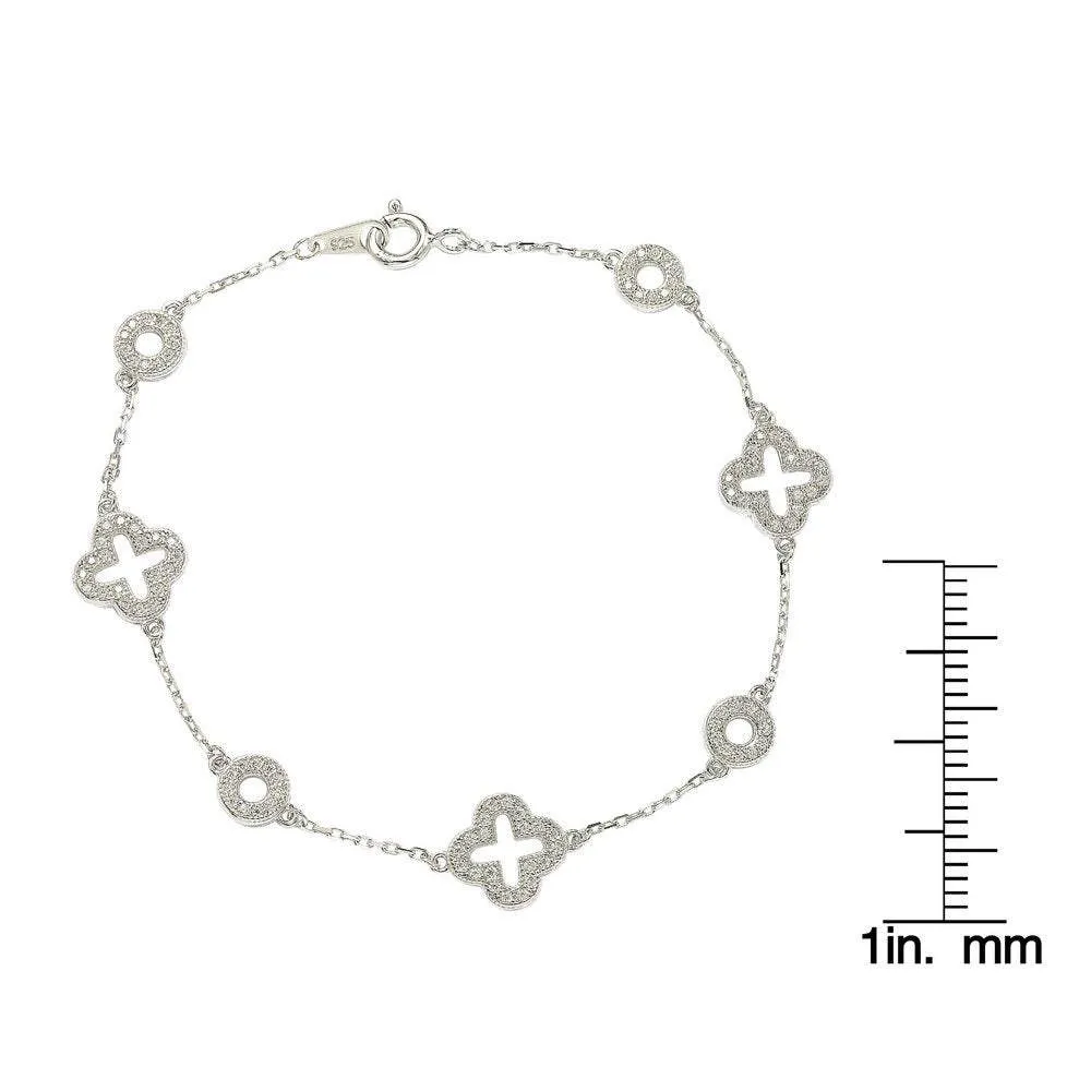 Suzy Levian Sterling Silver White Cubic Zirconia Clover and Circles Bracelet