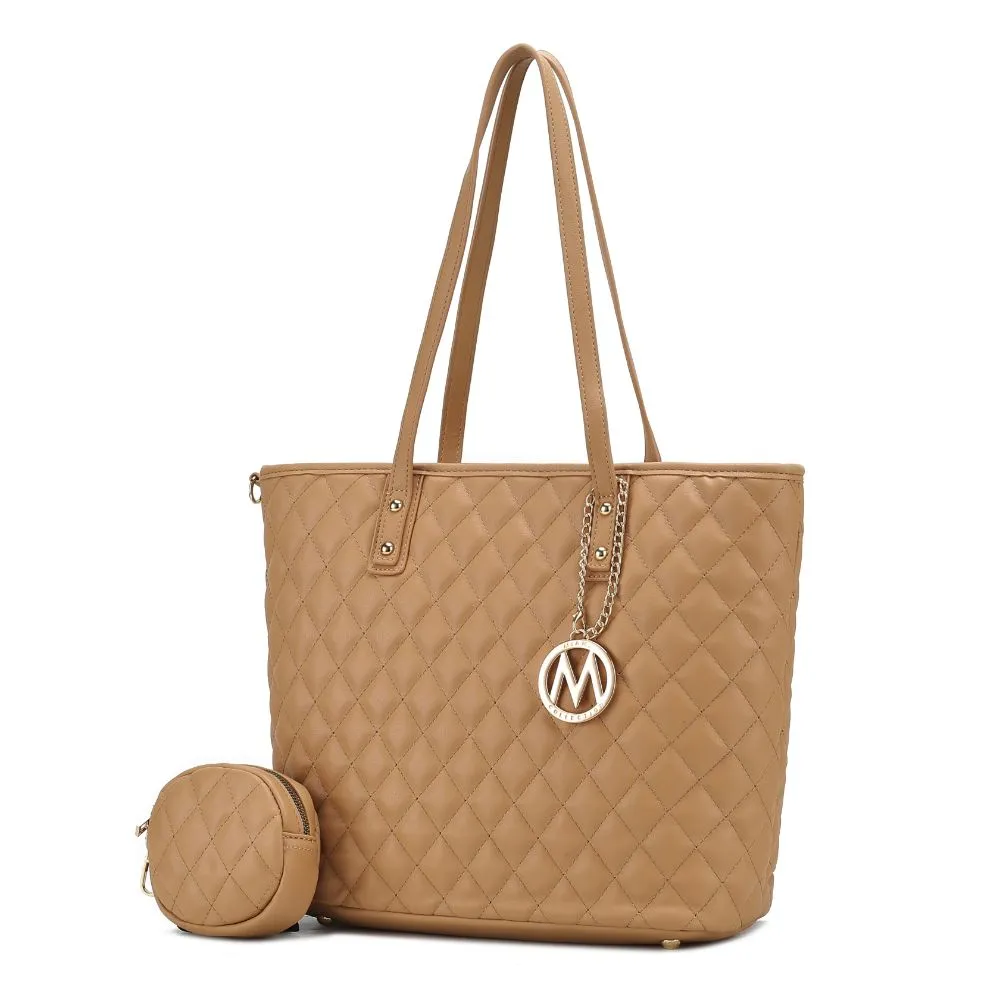 Tansy Quilted Vegan Leather Womens Tote Bag with Pouch 2 pieces