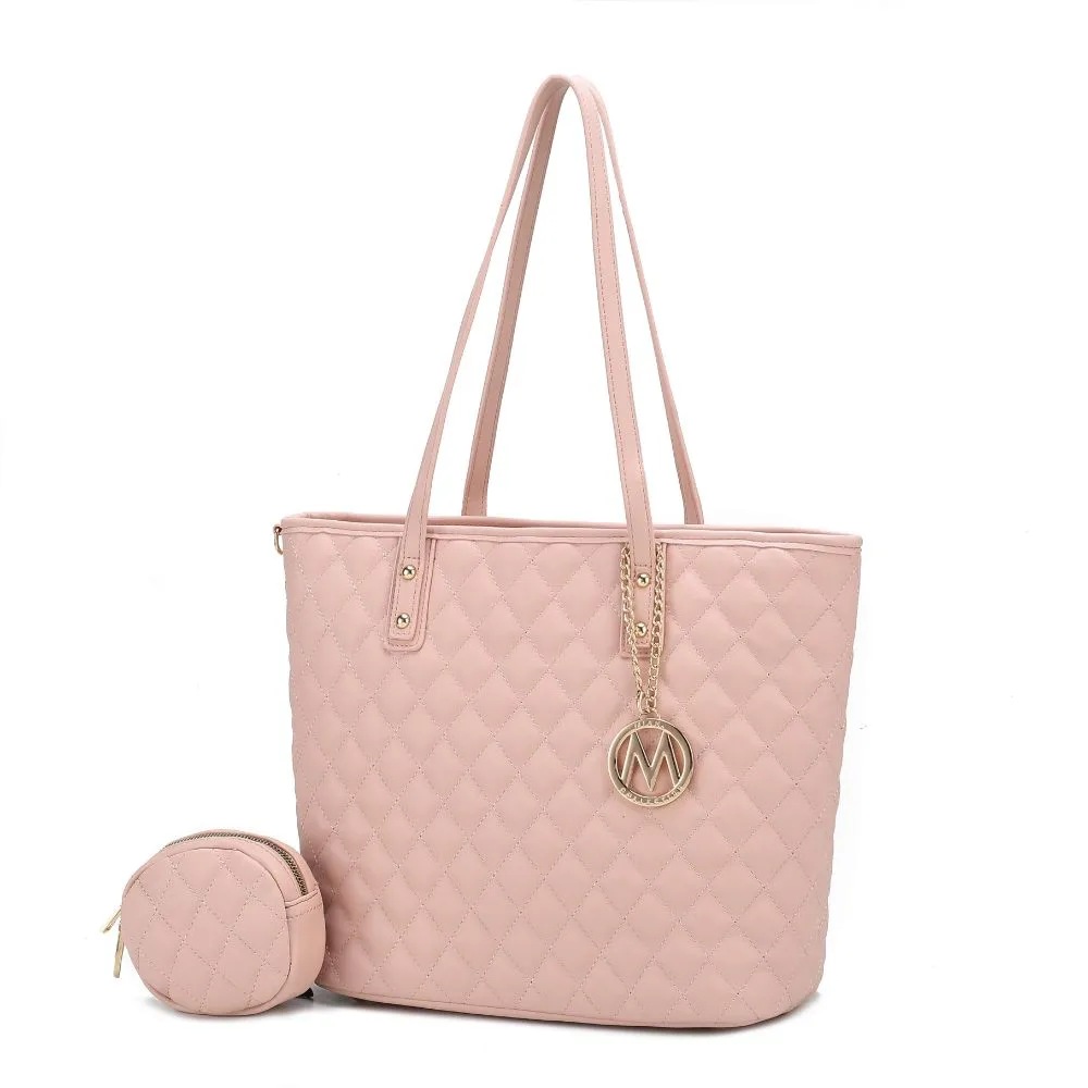 Tansy Quilted Vegan Leather Womens Tote Bag with Pouch 2 pieces