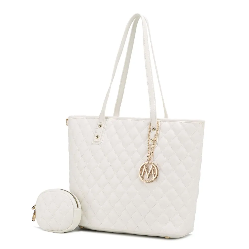 Tansy Quilted Vegan Leather Womens Tote Bag with Pouch 2 pieces