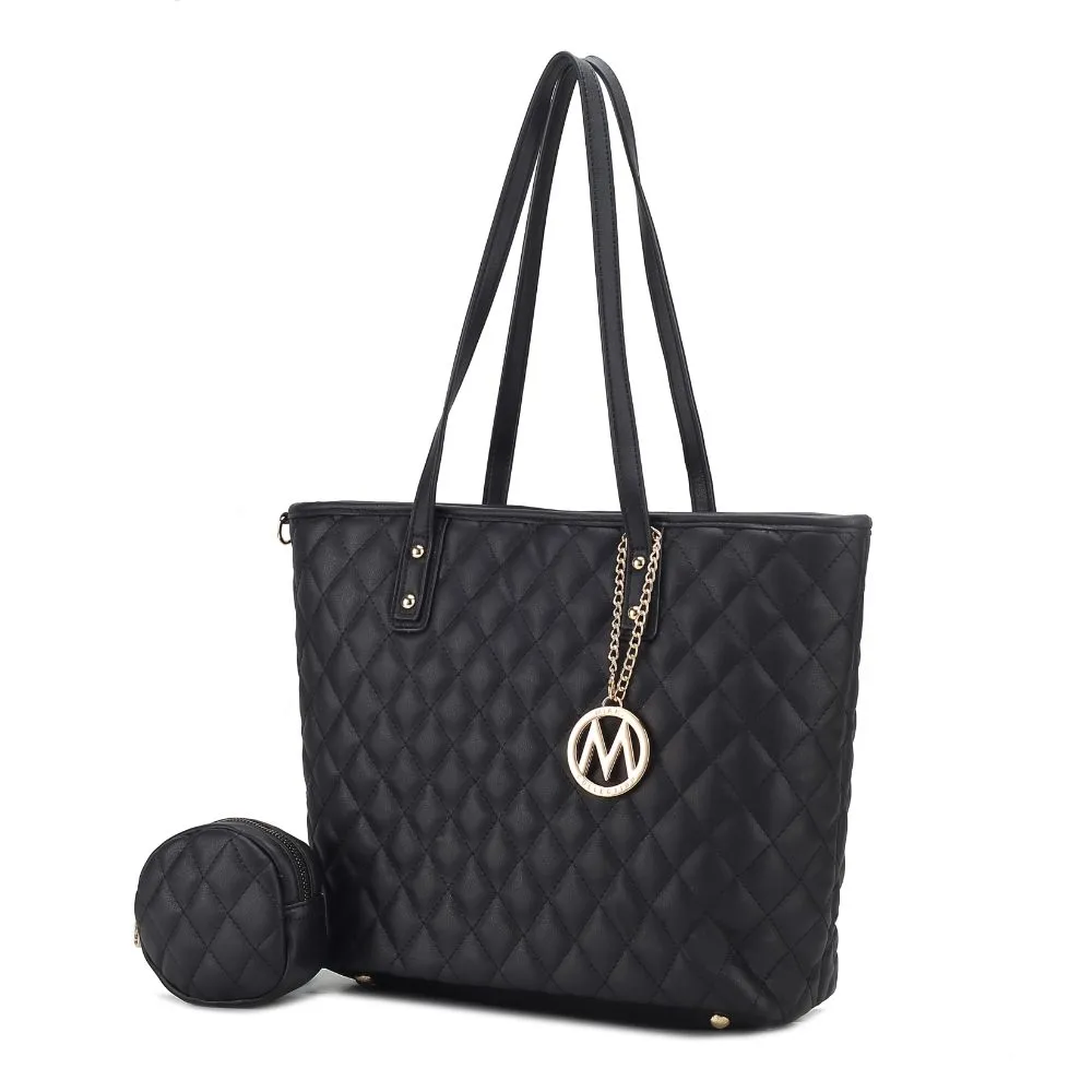 Tansy Quilted Vegan Leather Womens Tote Bag with Pouch 2 pieces