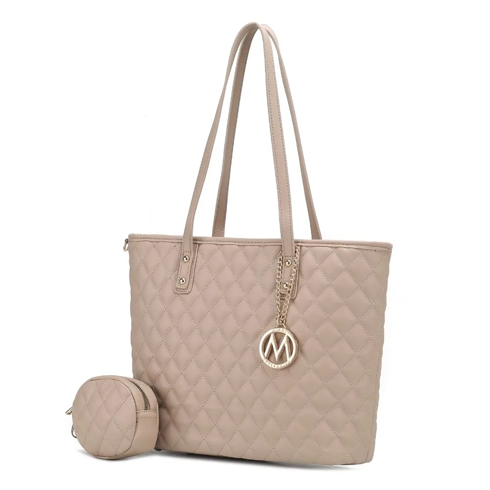 Tansy Quilted Vegan Leather Womens Tote Bag with Pouch 2 pieces
