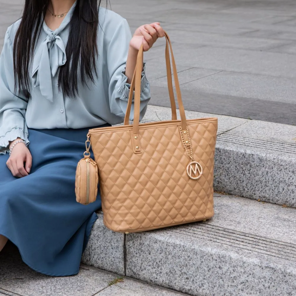 Tansy Quilted Vegan Leather Womens Tote Bag with Pouch 2 pieces