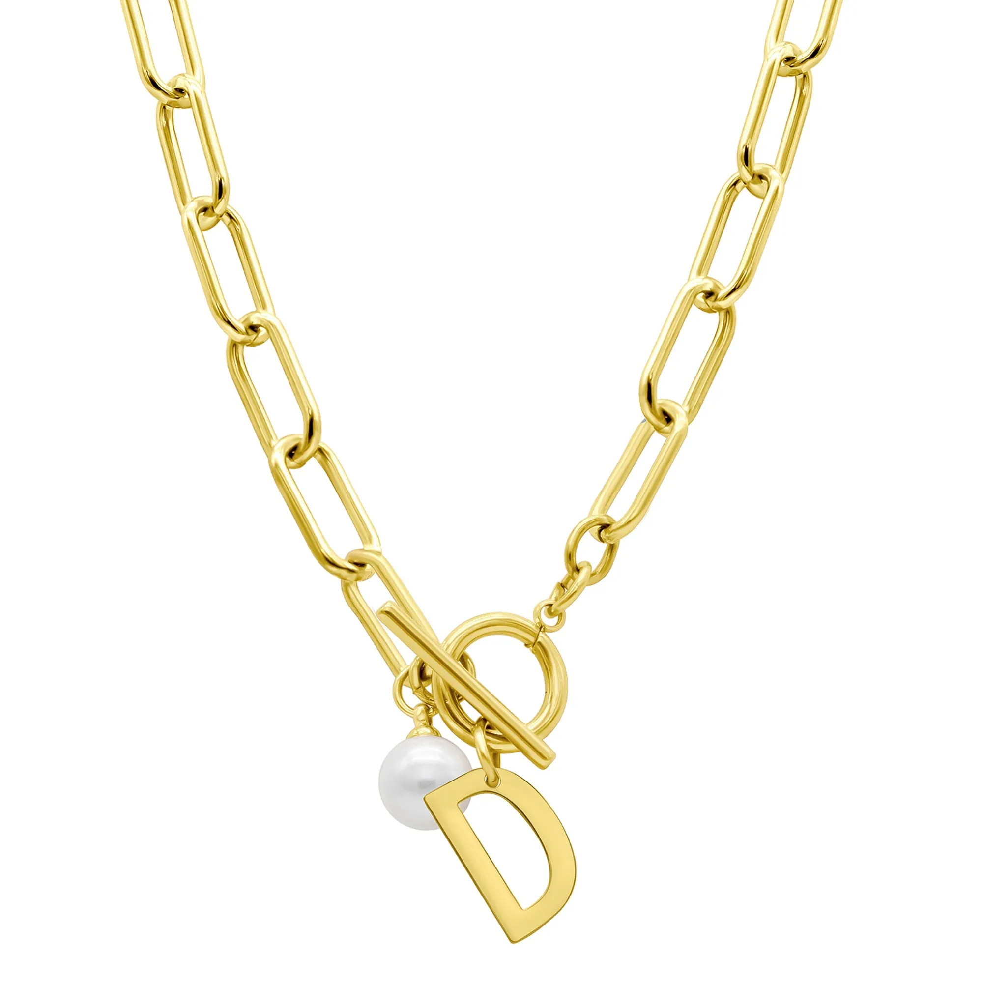 Tarnish Resistant 14k Gold Plated Freshwater Pearl Initial Toggle Necklace