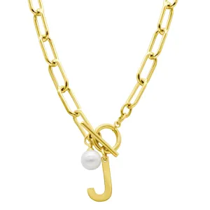 Tarnish Resistant 14k Gold Plated Freshwater Pearl Initial Toggle Necklace