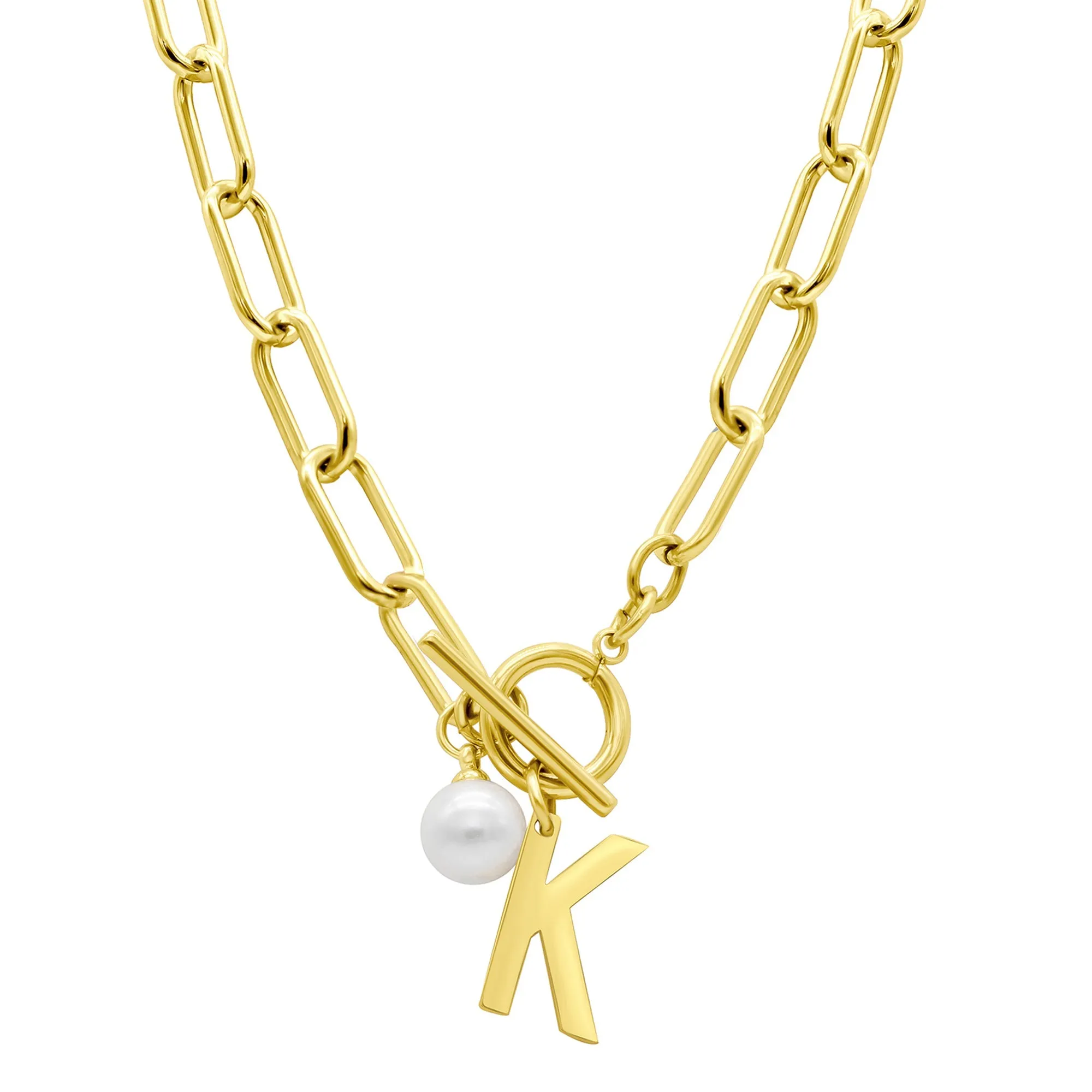 Tarnish Resistant 14k Gold Plated Freshwater Pearl Initial Toggle Necklace