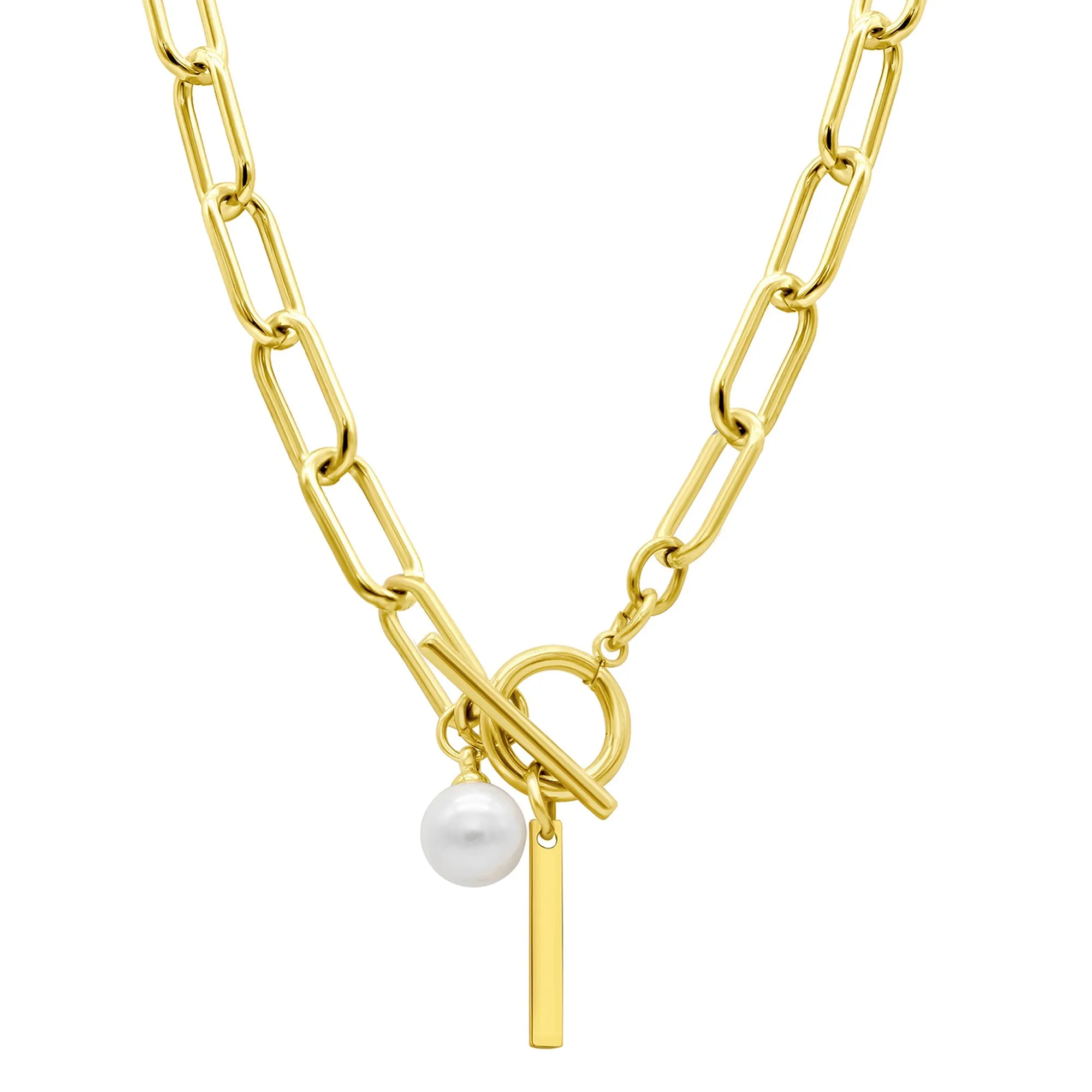 Tarnish Resistant 14k Gold Plated Freshwater Pearl Initial Toggle Necklace