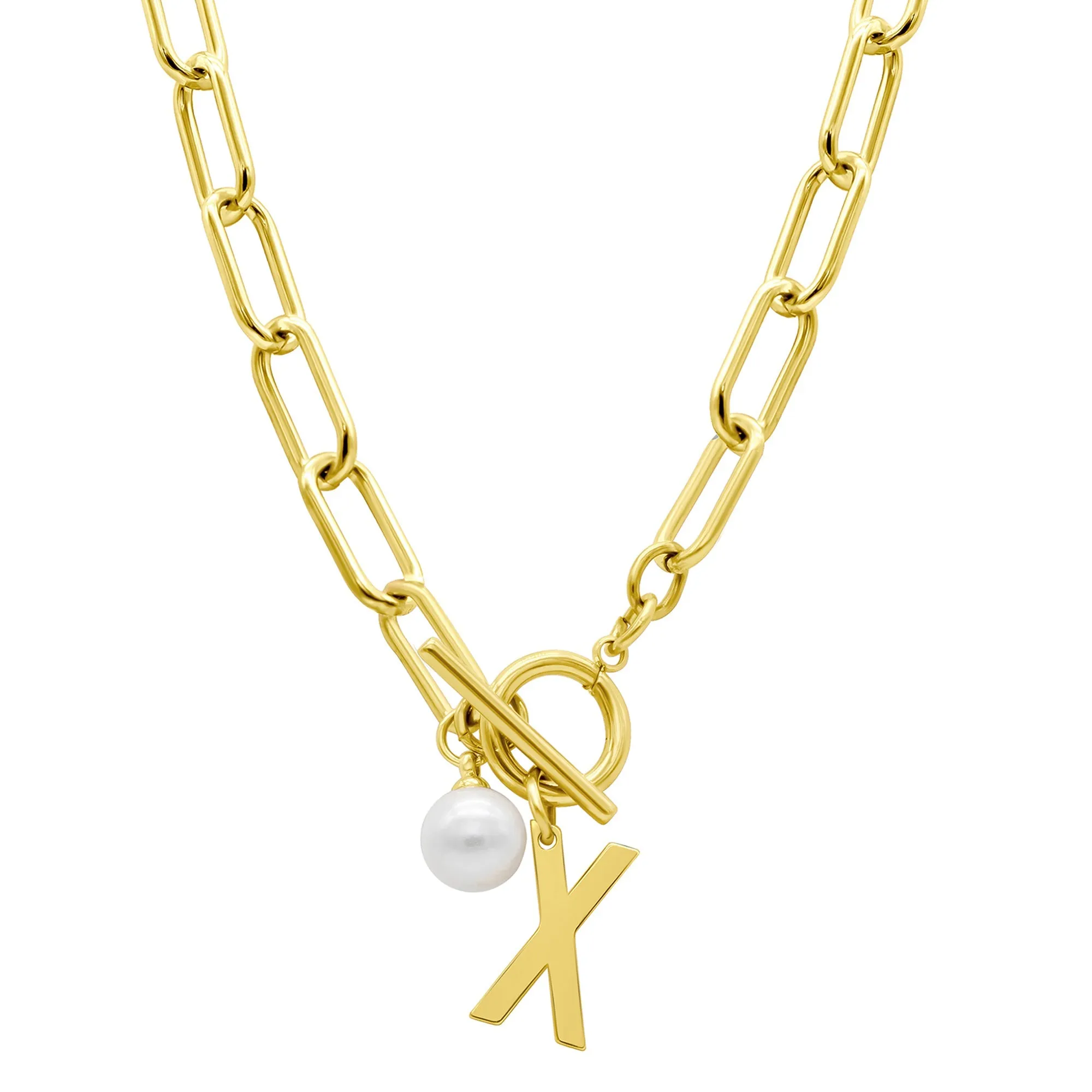 Tarnish Resistant 14k Gold Plated Freshwater Pearl Initial Toggle Necklace