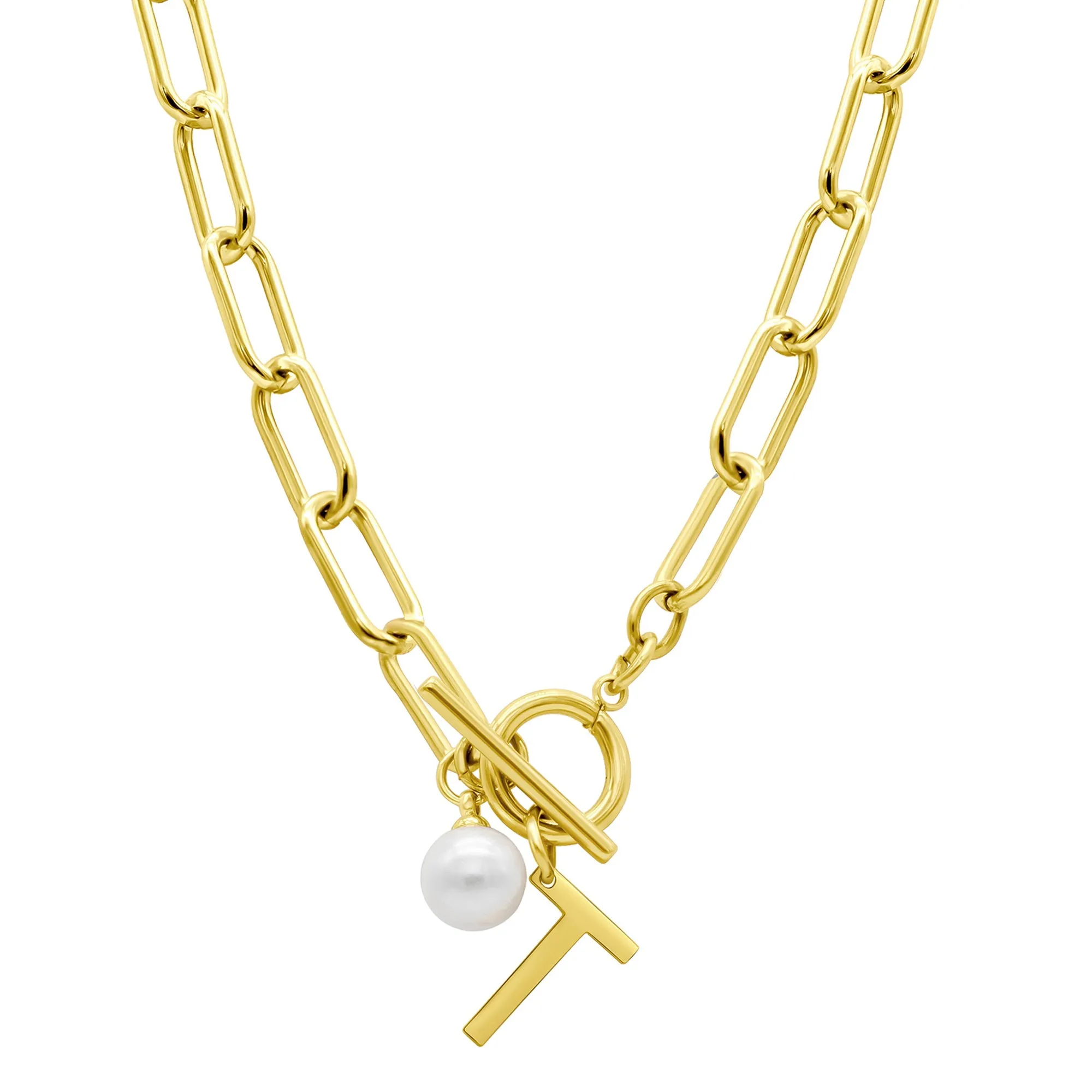Tarnish Resistant 14k Gold Plated Freshwater Pearl Initial Toggle Necklace