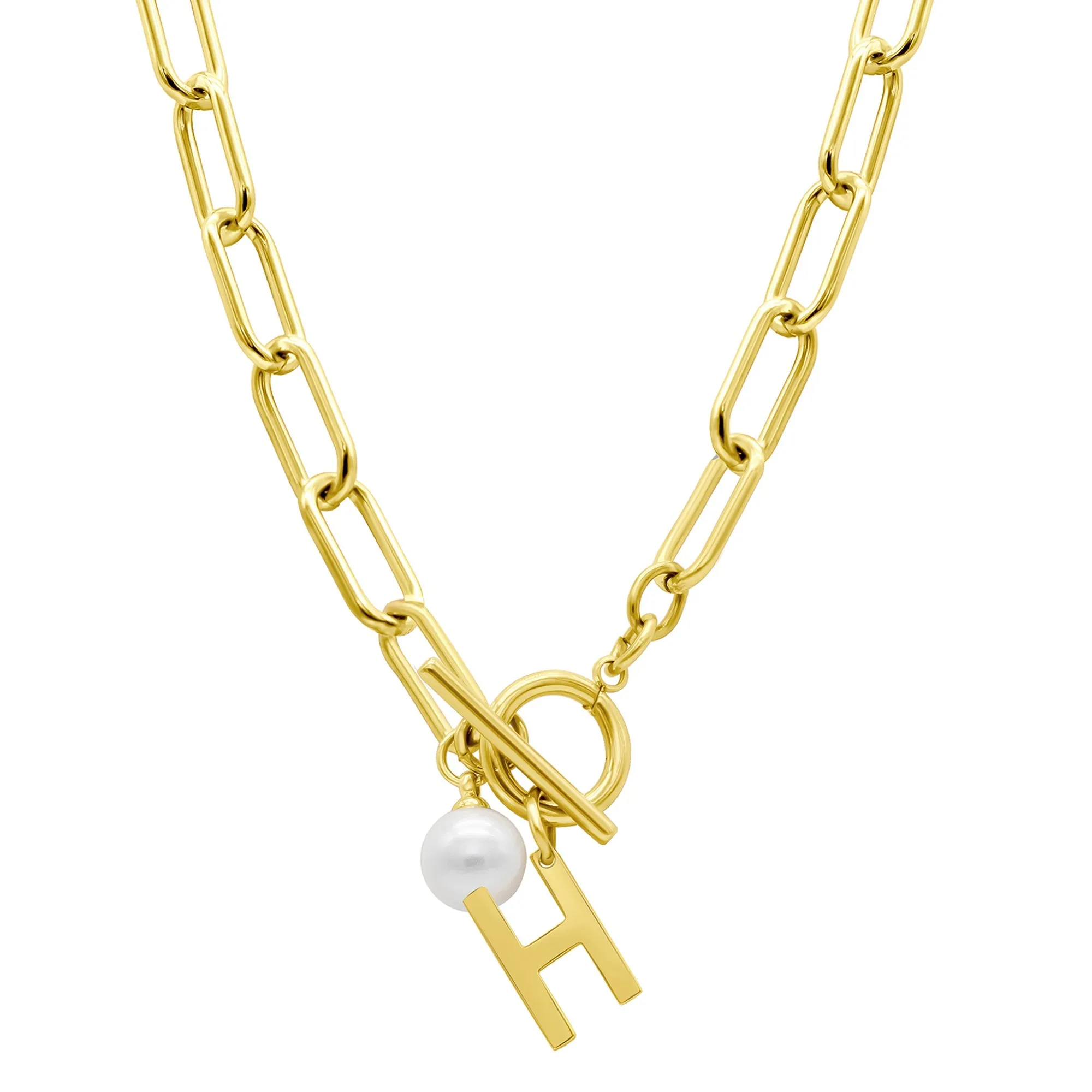 Tarnish Resistant 14k Gold Plated Freshwater Pearl Initial Toggle Necklace