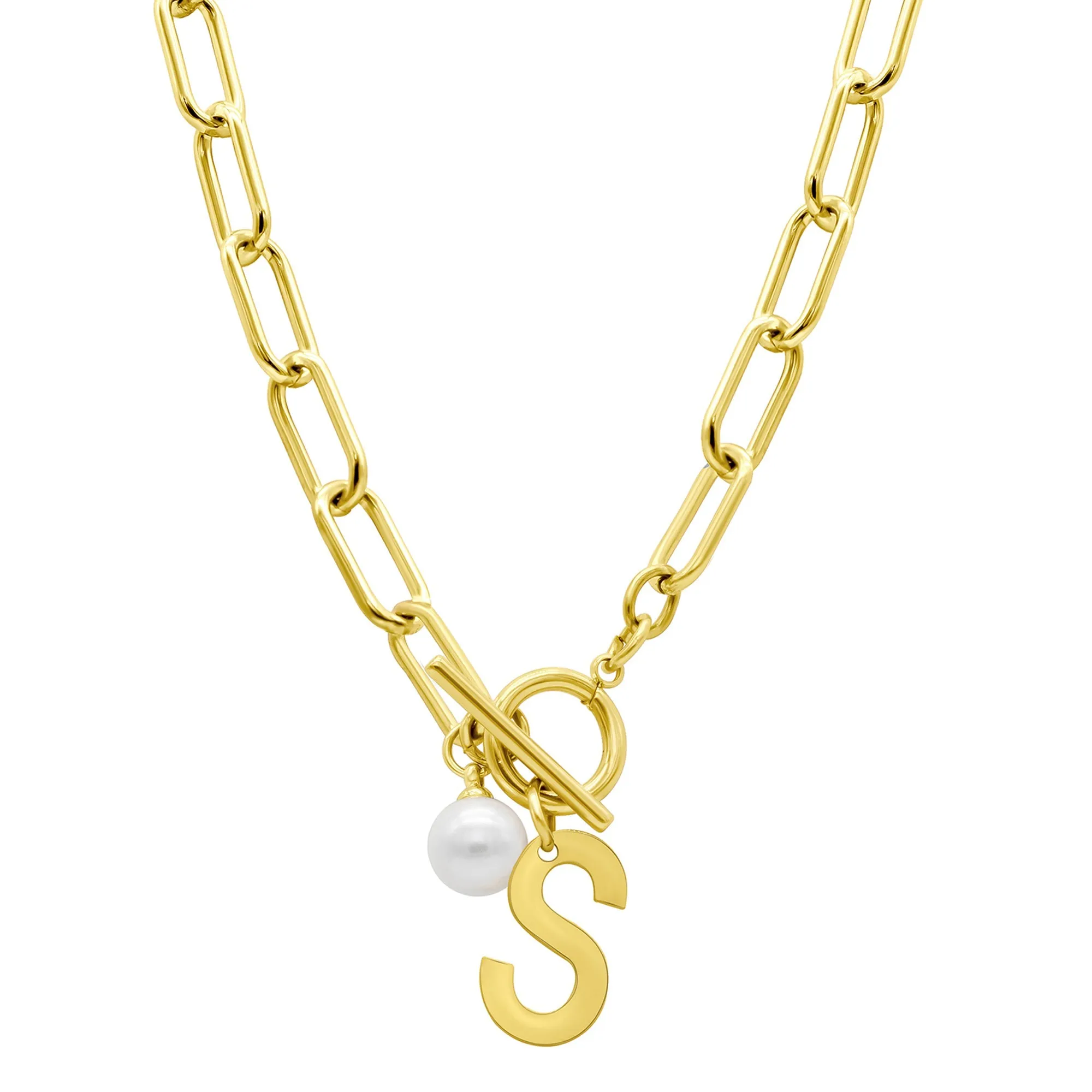 Tarnish Resistant 14k Gold Plated Freshwater Pearl Initial Toggle Necklace