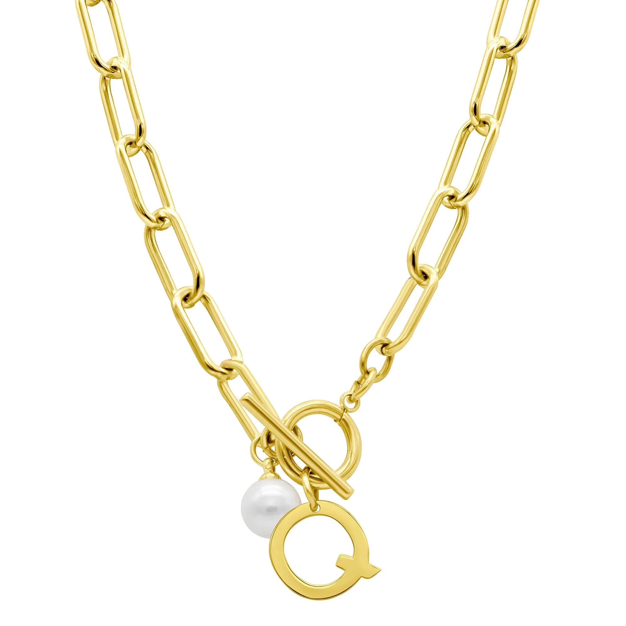 Tarnish Resistant 14k Gold Plated Freshwater Pearl Initial Toggle Necklace