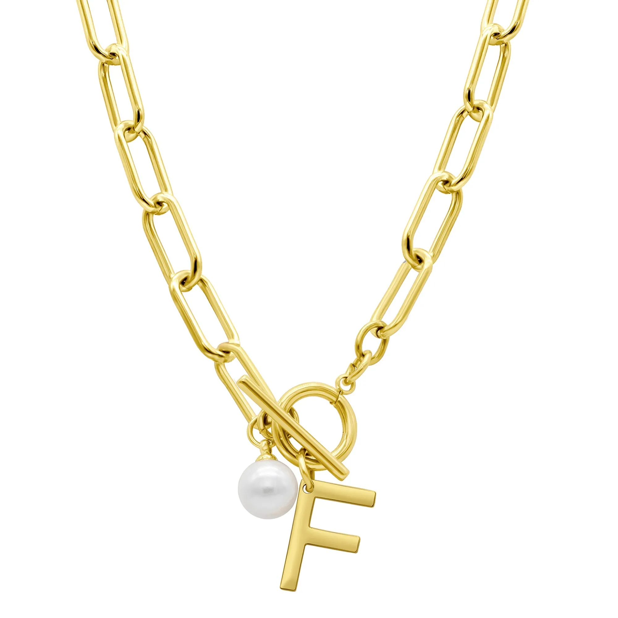 Tarnish Resistant 14k Gold Plated Freshwater Pearl Initial Toggle Necklace