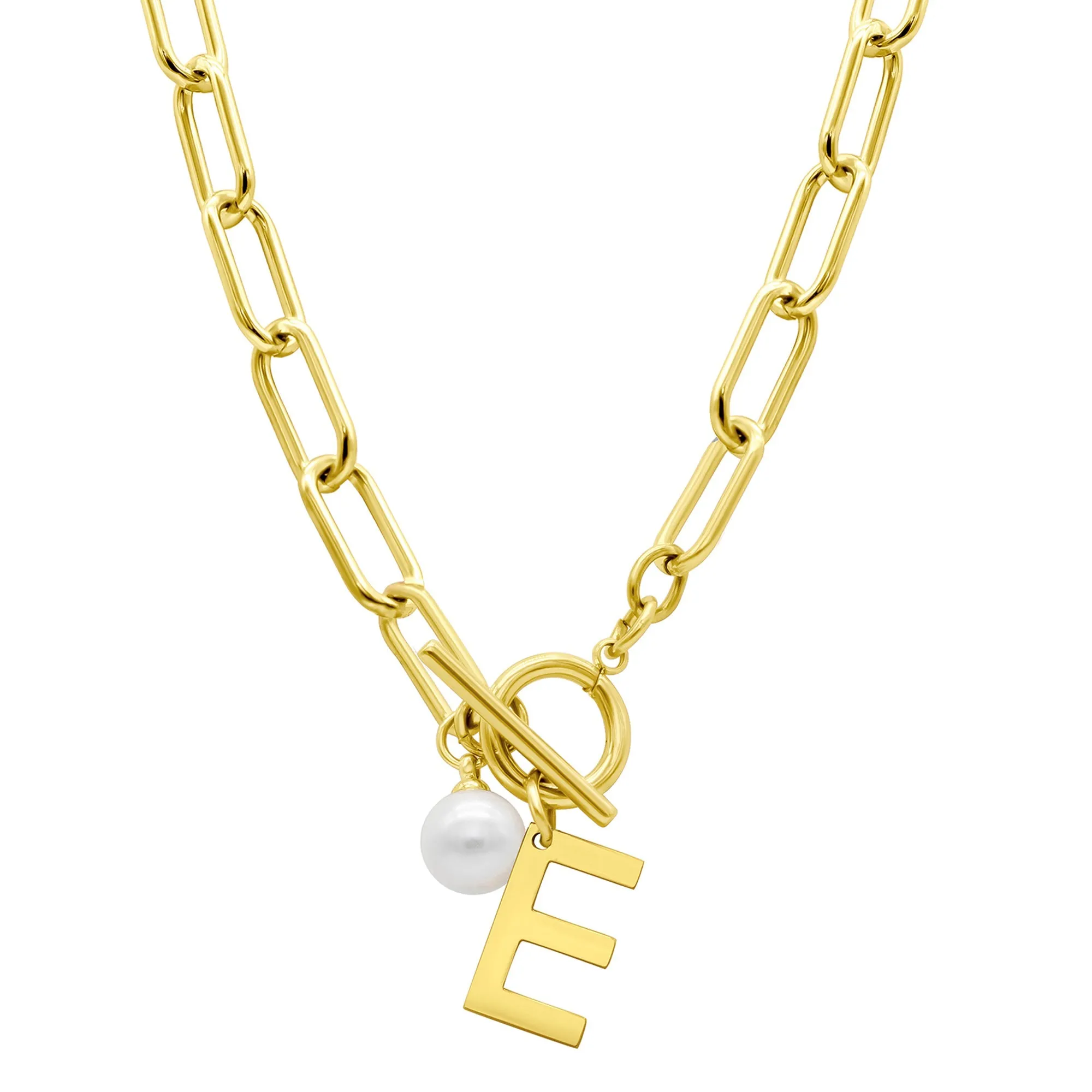 Tarnish Resistant 14k Gold Plated Freshwater Pearl Initial Toggle Necklace