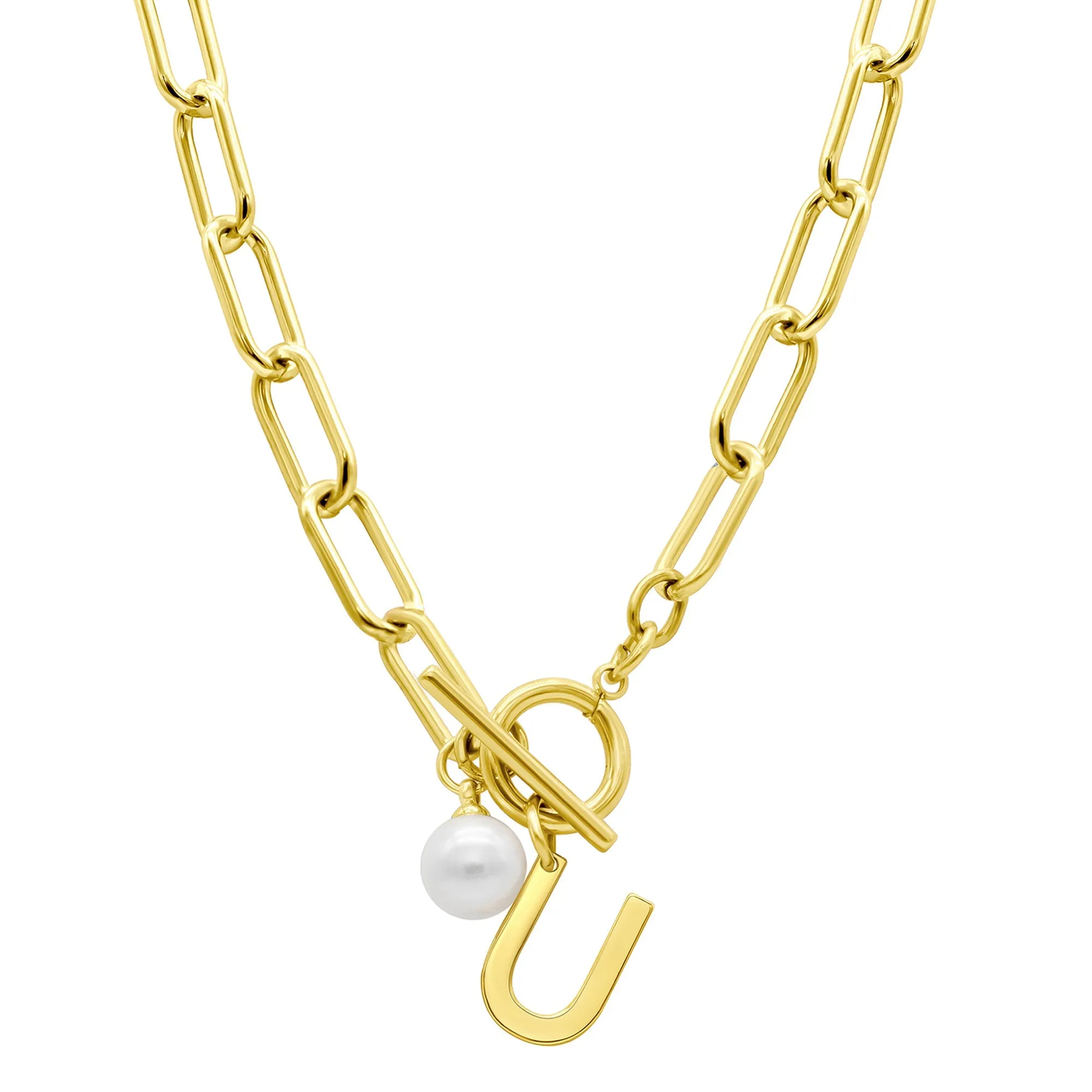 Tarnish Resistant 14k Gold Plated Freshwater Pearl Initial Toggle Necklace