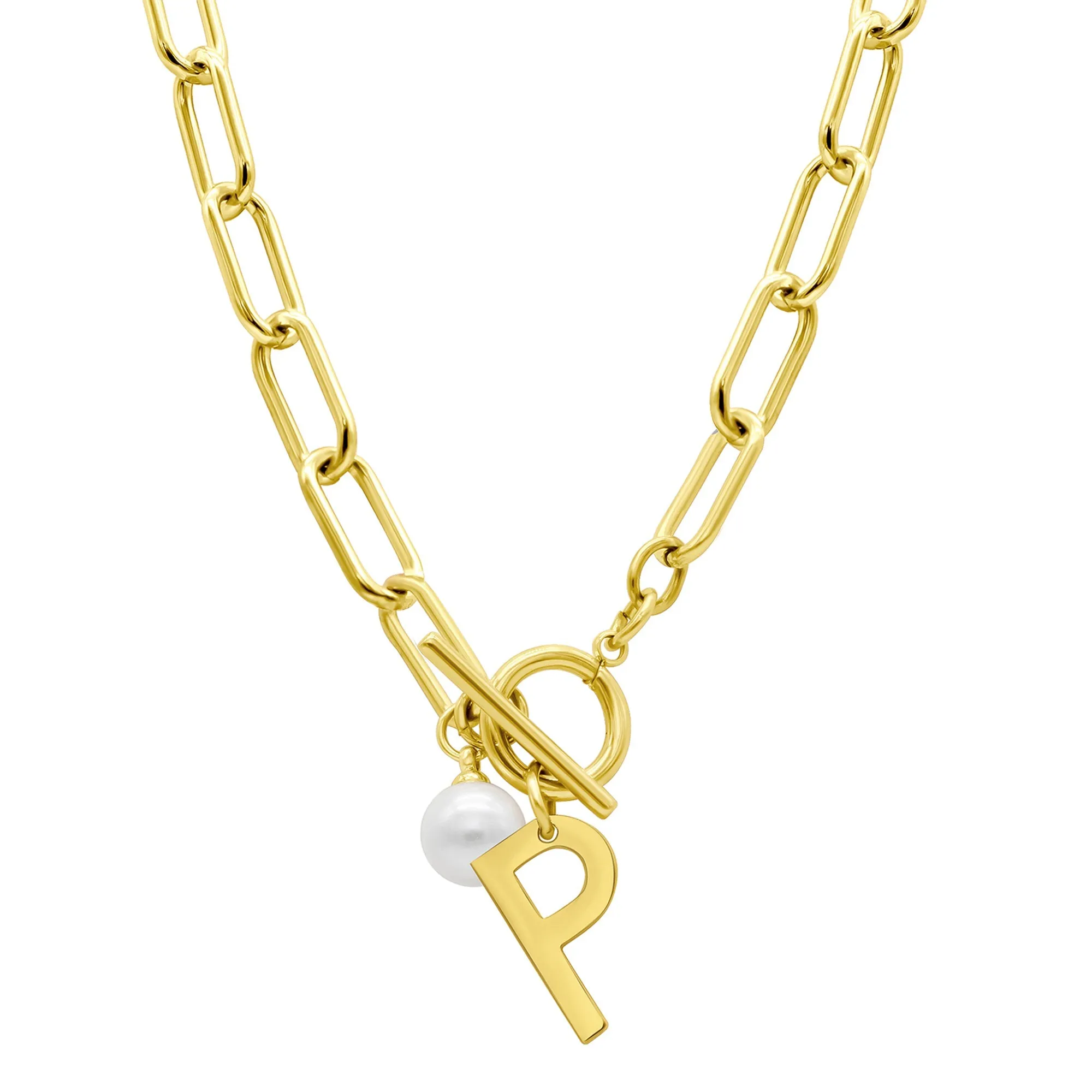 Tarnish Resistant 14k Gold Plated Freshwater Pearl Initial Toggle Necklace