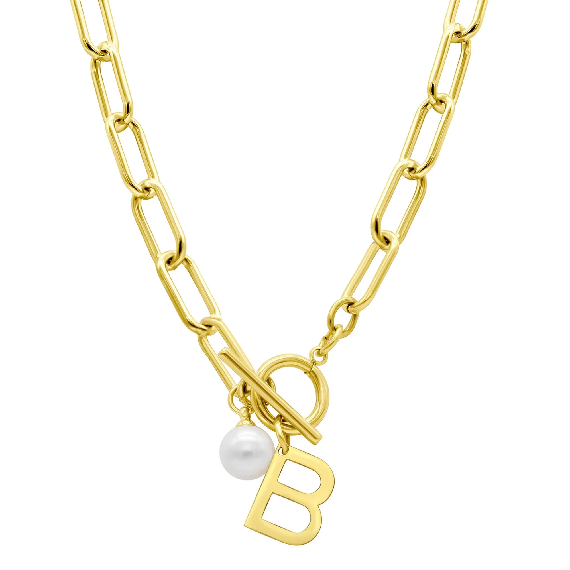 Tarnish Resistant 14k Gold Plated Freshwater Pearl Initial Toggle Necklace