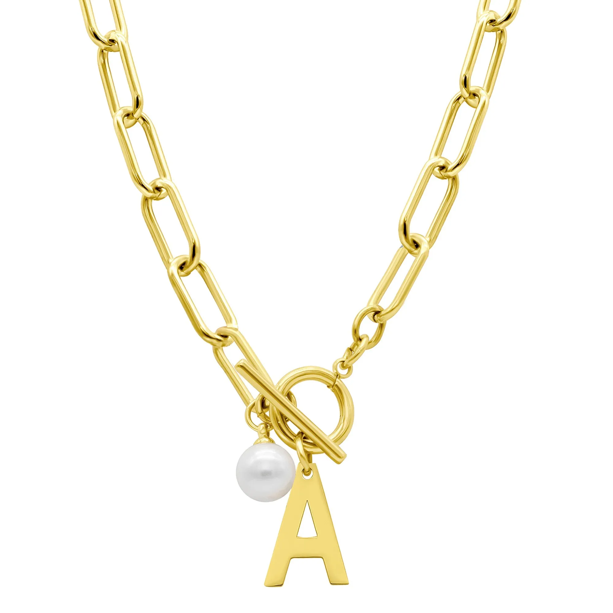 Tarnish Resistant 14k Gold Plated Freshwater Pearl Initial Toggle Necklace