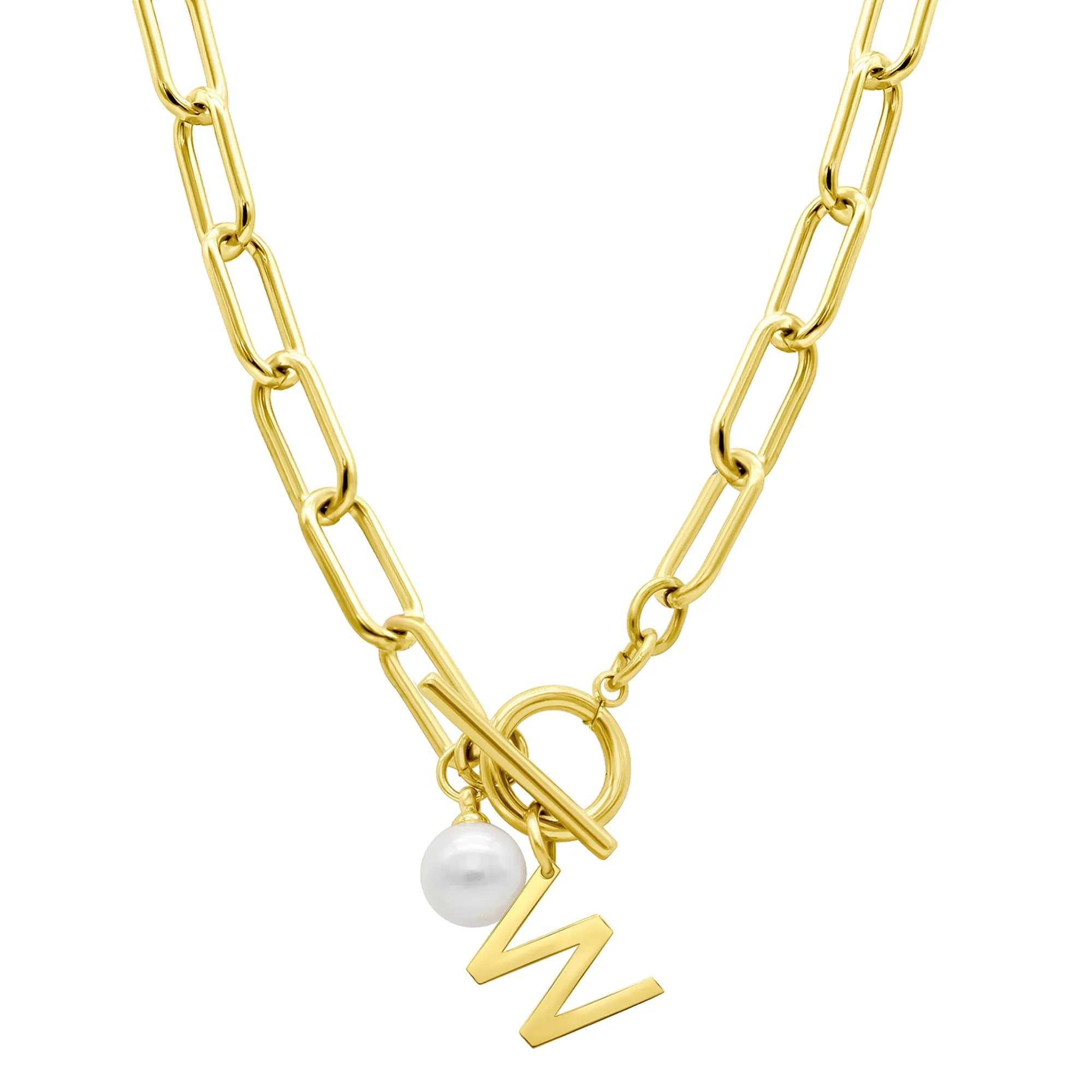 Tarnish Resistant 14k Gold Plated Freshwater Pearl Initial Toggle Necklace