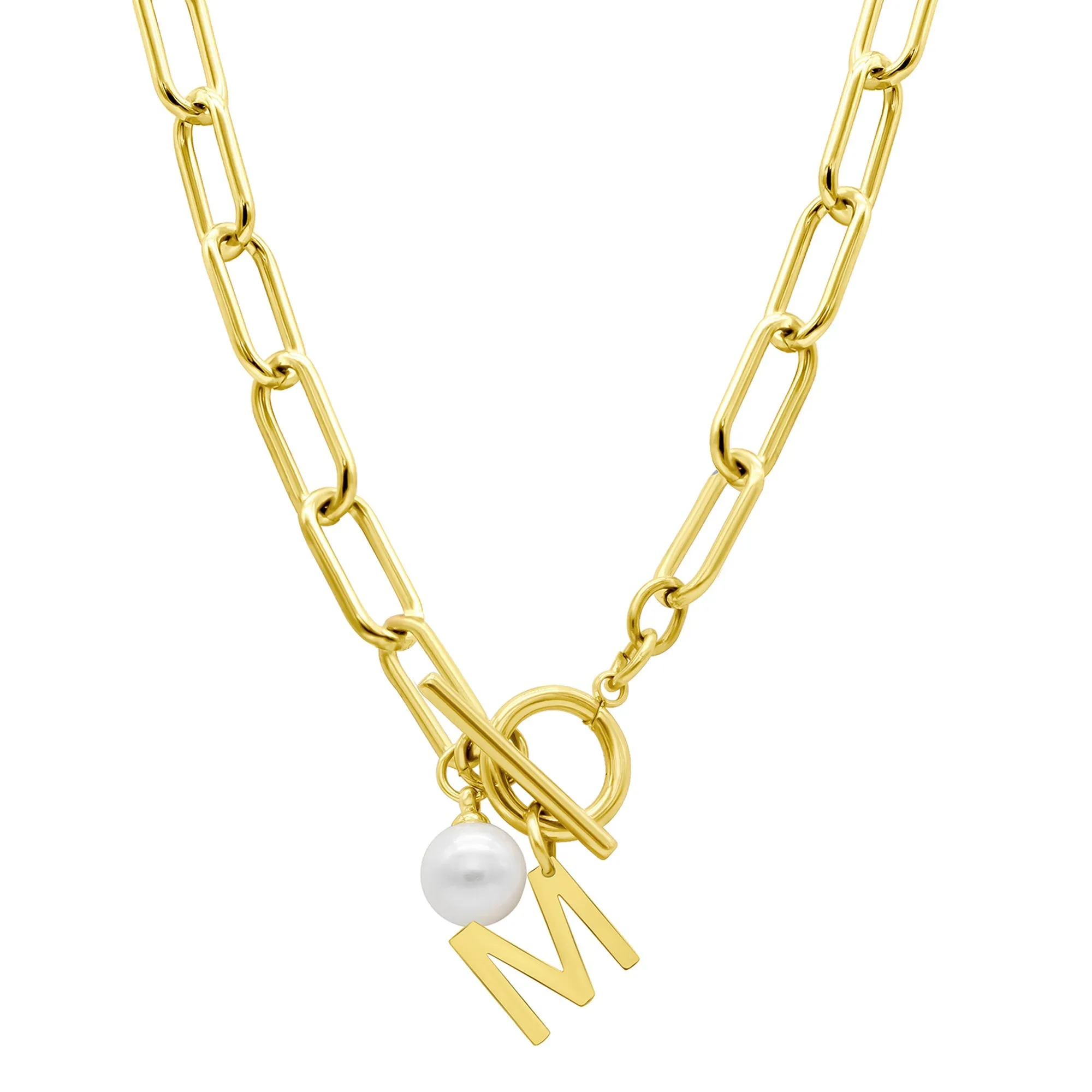 Tarnish Resistant 14k Gold Plated Freshwater Pearl Initial Toggle Necklace