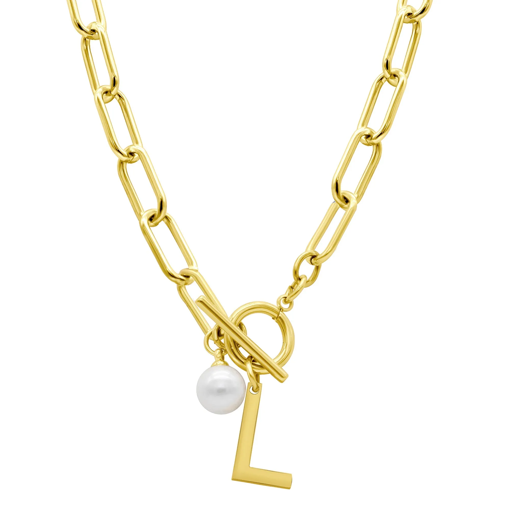 Tarnish Resistant 14k Gold Plated Freshwater Pearl Initial Toggle Necklace