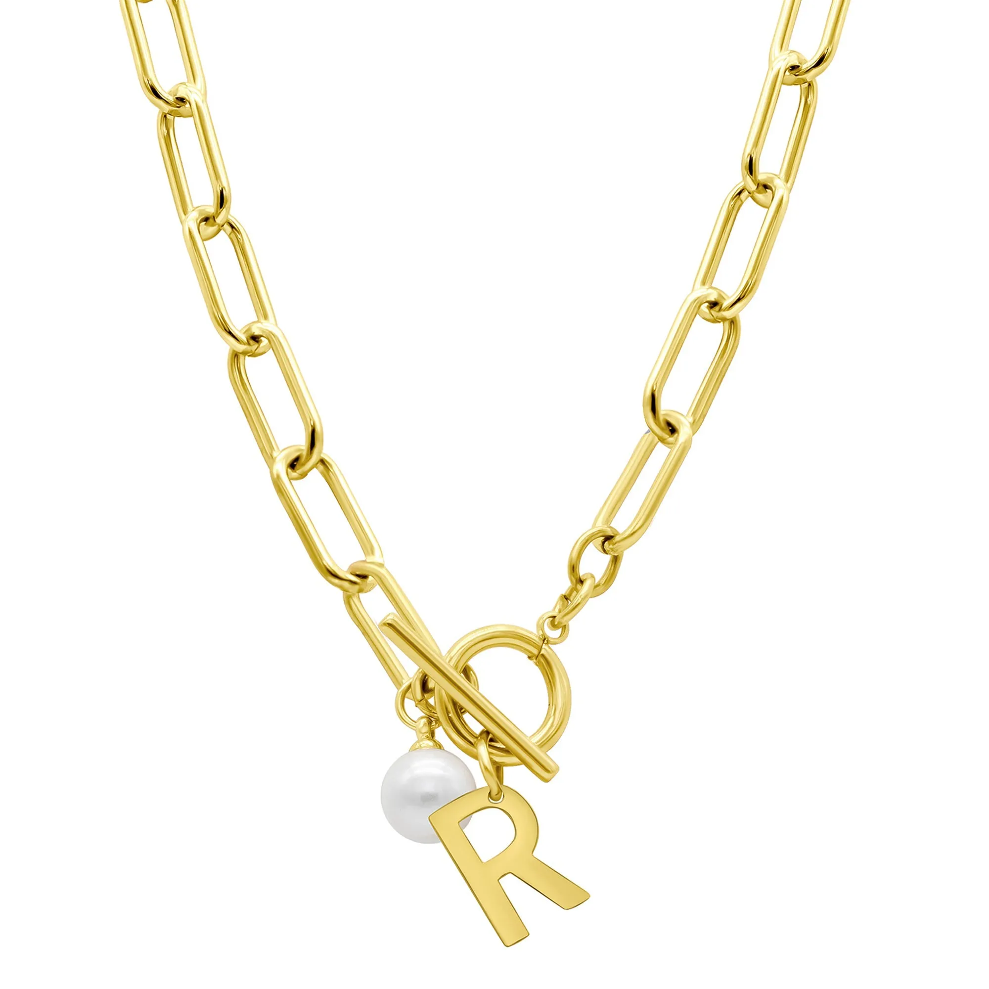 Tarnish Resistant 14k Gold Plated Freshwater Pearl Initial Toggle Necklace