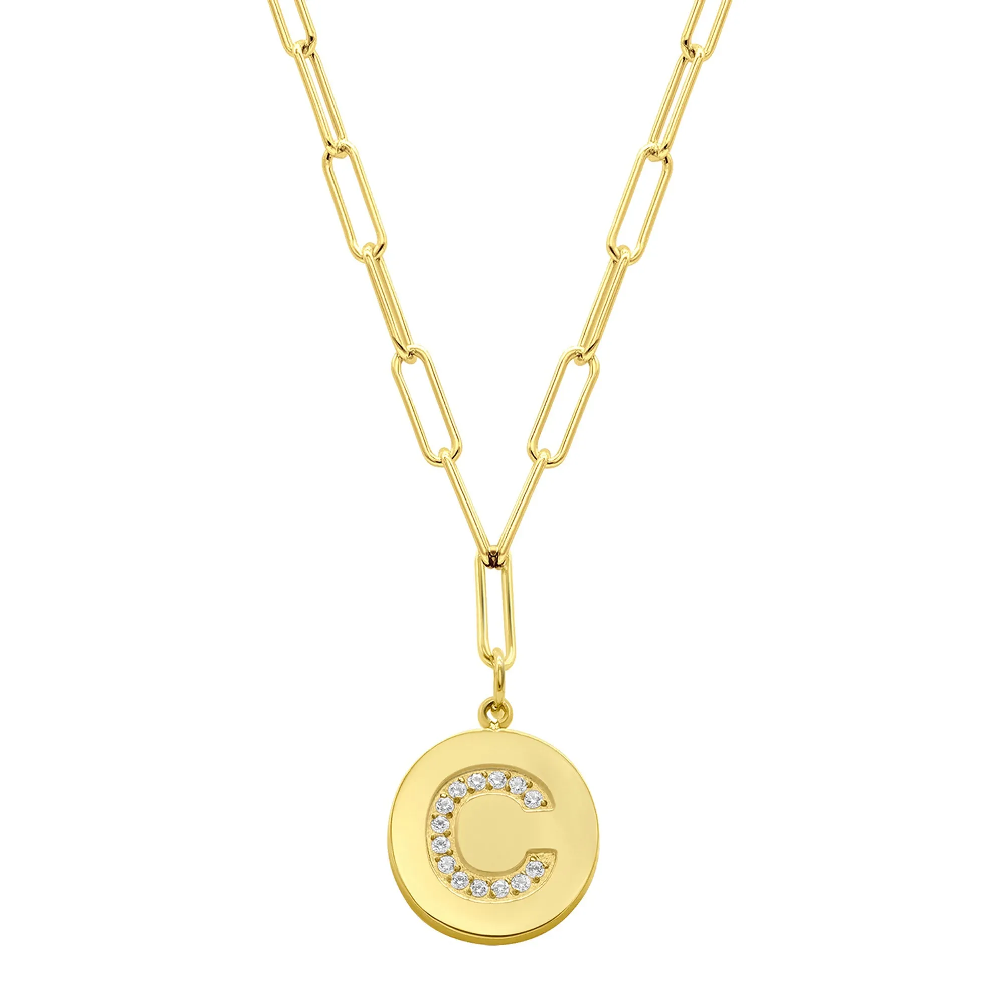 Tarnish Resistant 14K Gold Plated Pave Crystal Initial Disc Paperclip Necklace