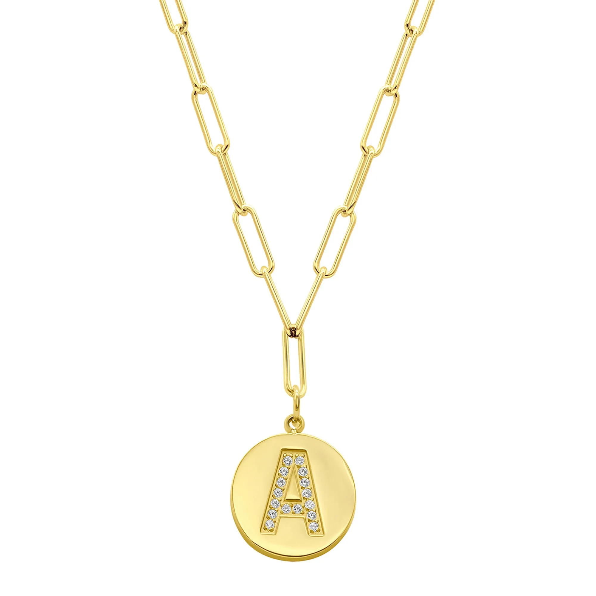 Tarnish Resistant 14K Gold Plated Pave Crystal Initial Disc Paperclip Necklace
