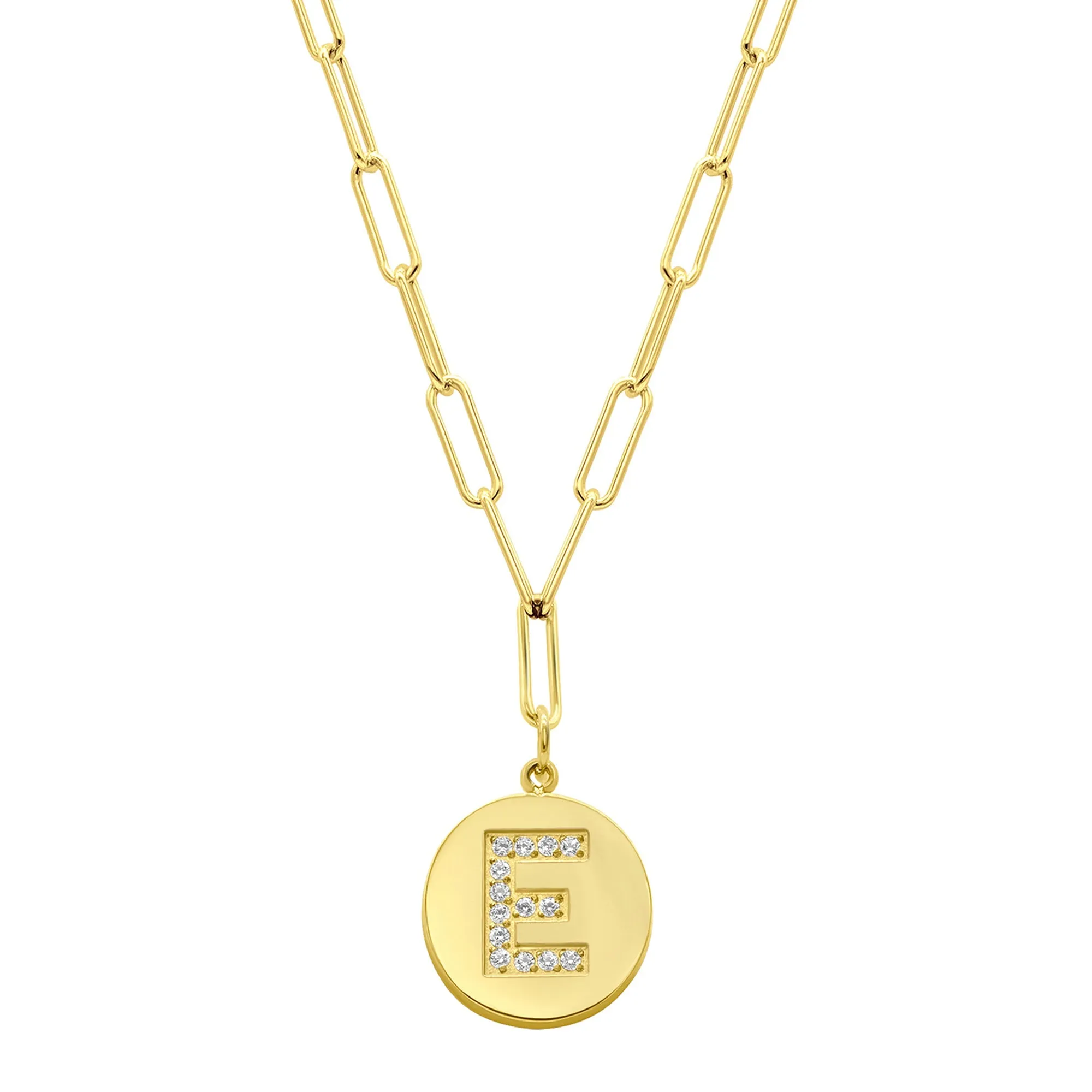 Tarnish Resistant 14K Gold Plated Pave Crystal Initial Disc Paperclip Necklace