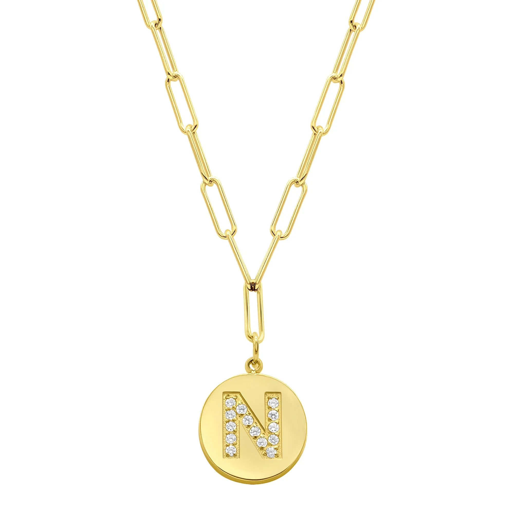 Tarnish Resistant 14K Gold Plated Pave Crystal Initial Disc Paperclip Necklace