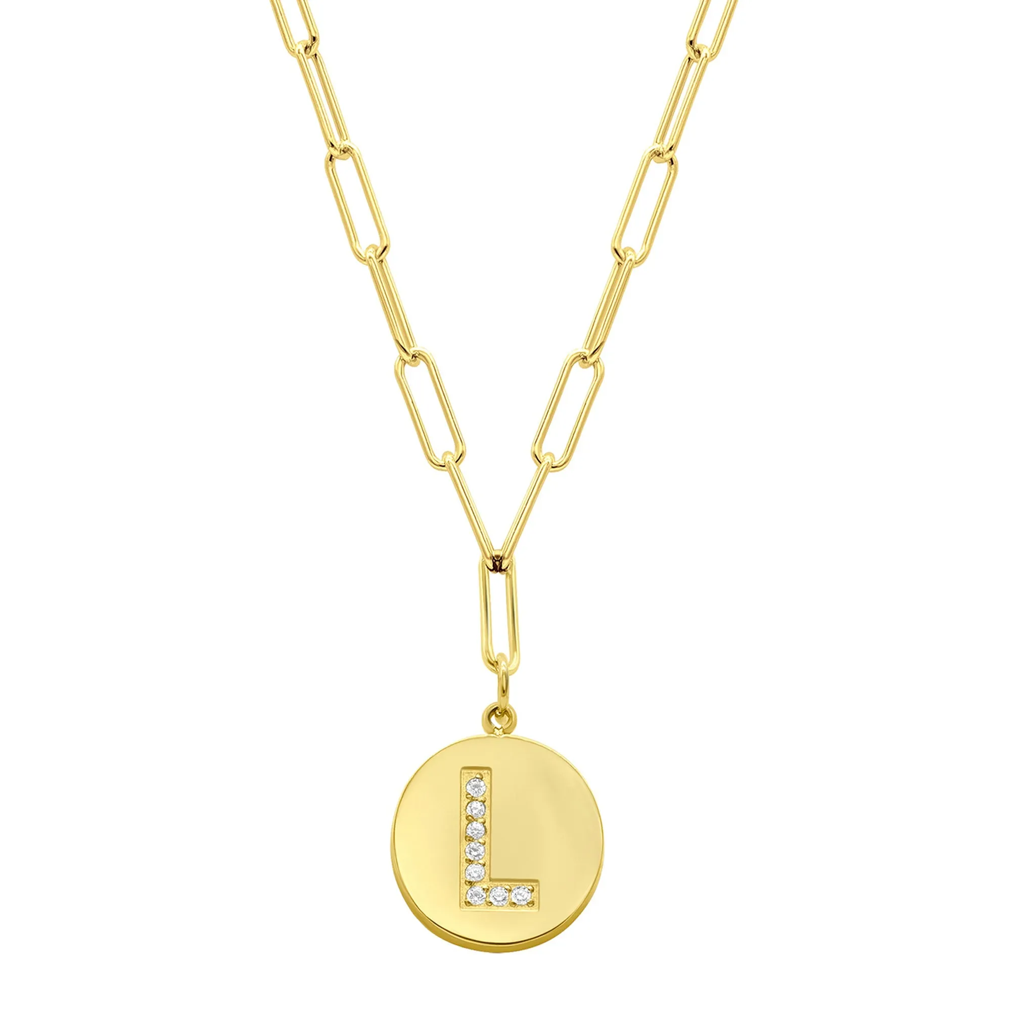 Tarnish Resistant 14K Gold Plated Pave Crystal Initial Disc Paperclip Necklace
