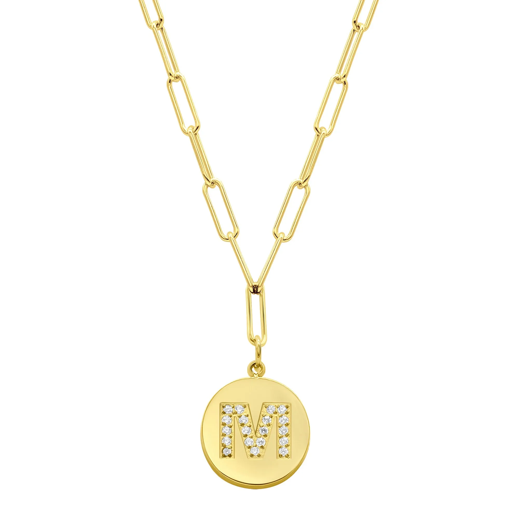 Tarnish Resistant 14K Gold Plated Pave Crystal Initial Disc Paperclip Necklace