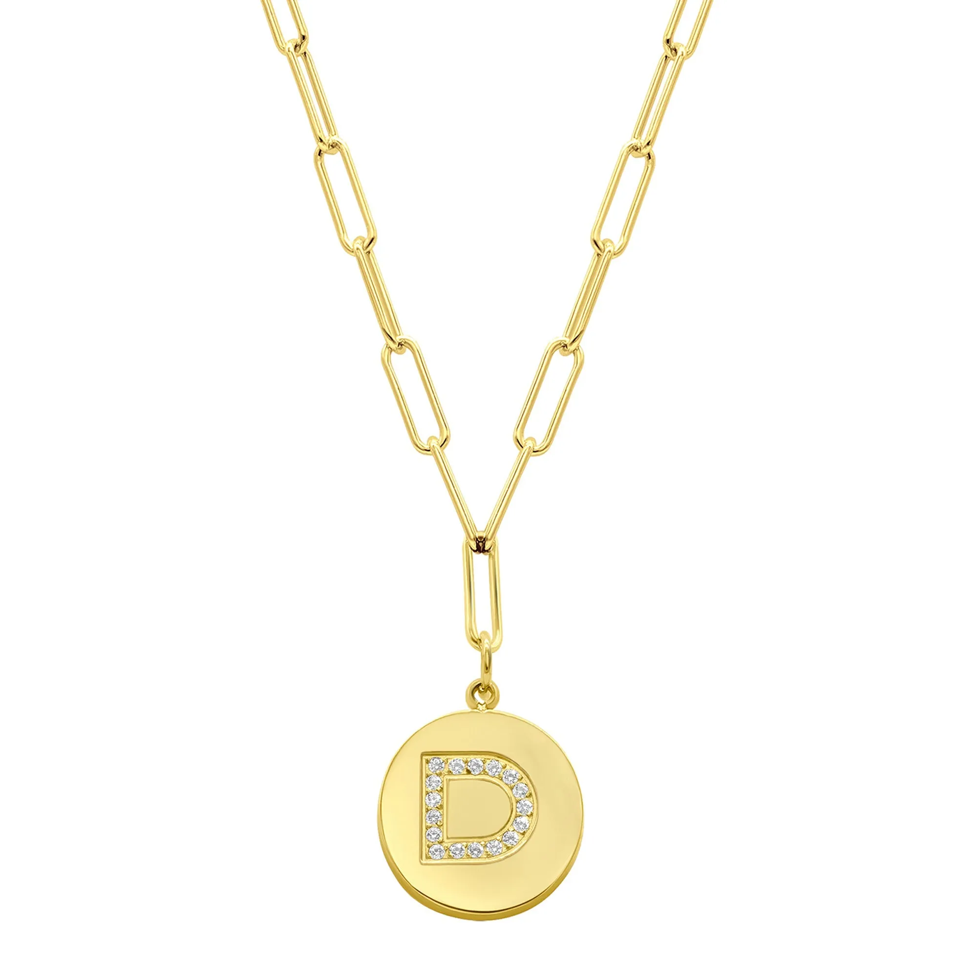 Tarnish Resistant 14K Gold Plated Pave Crystal Initial Disc Paperclip Necklace