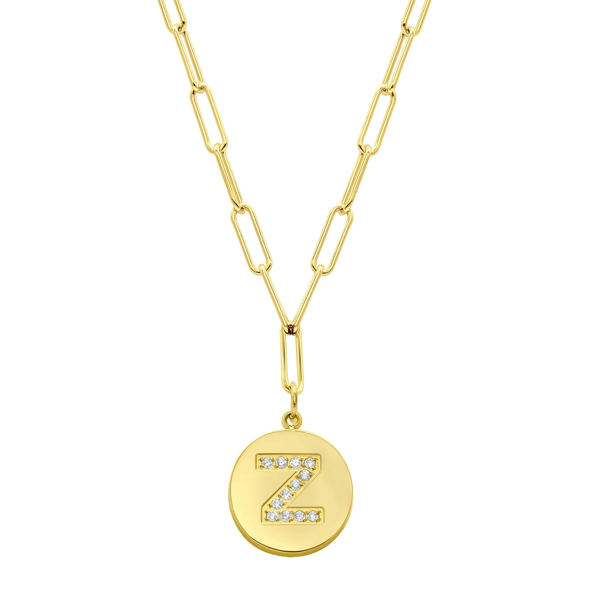 Tarnish Resistant 14K Gold Plated Pave Crystal Initial Disc Paperclip Necklace