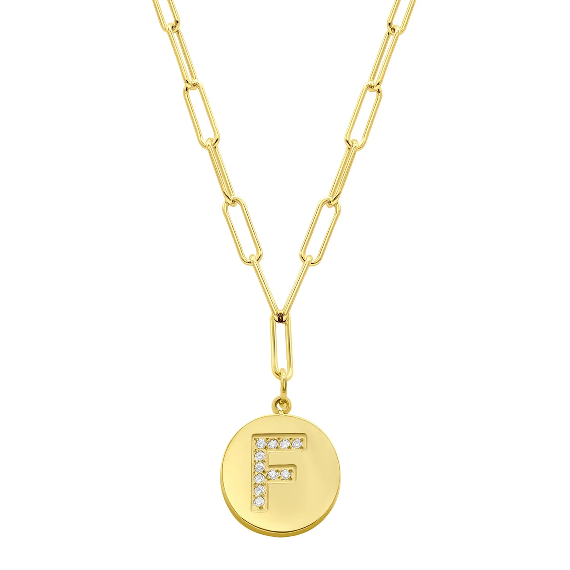 Tarnish Resistant 14K Gold Plated Pave Crystal Initial Disc Paperclip Necklace
